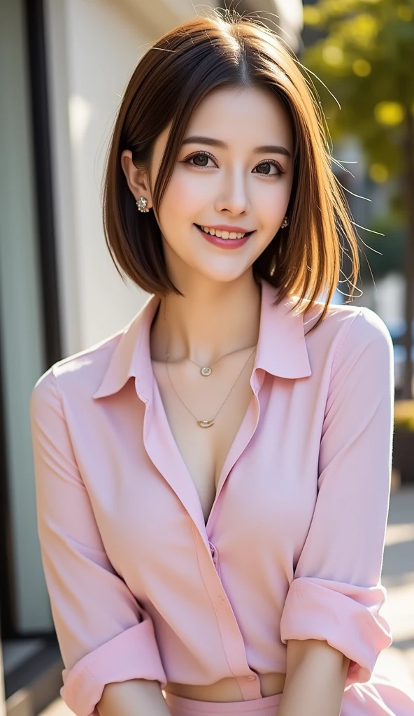 best quality, Realistically, Super detailed, Detailed pubic hair, high resolution, 8k wallpaper, 1 Beautiful woman, Pink moist lips, Light brown messy hair, Wearing a crimson suit, shirt, White Skirt, Lock focus, Perfect dynamic composition, beautiful eyes, Fine hair, Detailed Realistically skin texture, Smile, closeup portrait, Model figure, On the café's terrace, Blurred background, (full-body shot), Long-distance shooting, Random body orientation,