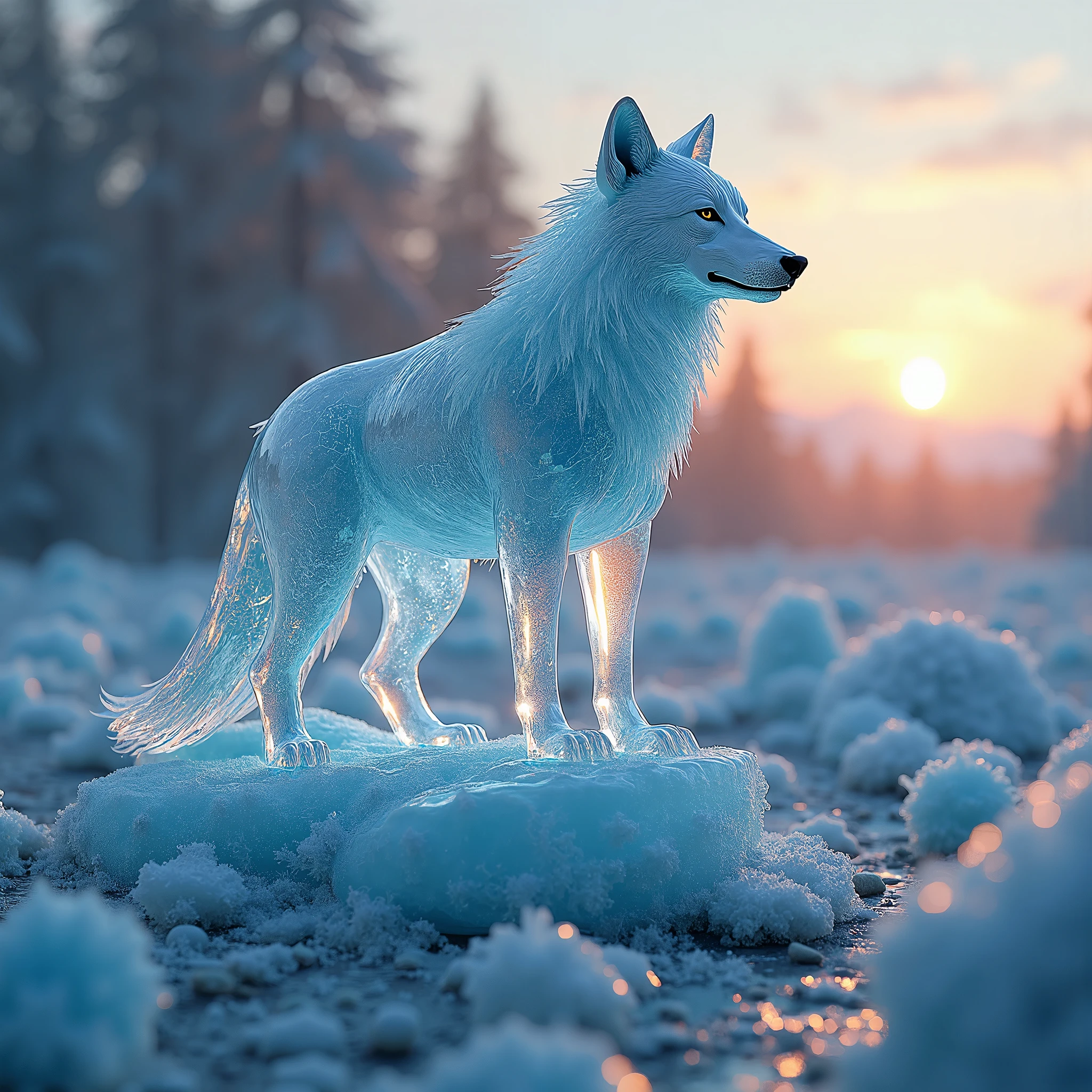 A captivating scene unfolds: a translucent ice sculpture of a wolf's form begins to dissolve into prismatic light amidst a fractal landscape. Obsidian and amber hues from the setting sun refract through the glacial body, revealing intricate internal anatomical networks. As the camera captures this ethereal moment with a 35mm focal length, quantum hyper-realism brings forth a chromatic palette of deep sapphire, copper rust, and pearl white. Each crystal fragment whispers a silent evolutionary story, suspended in time like a fleeting whisper from the wilderness.
