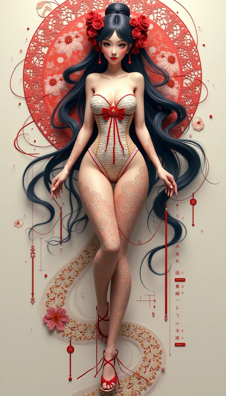 Retrato do rosto de uma mulher europeia , full body, bikini, beach, tall slim body, longos cabelos negros encaracolados, 鎖骨, vermelho, moldura floral, painel decorativo, abstrair, Feliz, realismo, arte,  (master part, best quality, high resolution: 1.4), detalhe, detalhes intrincados, 4k, salpicos de cor, full body floral tattoos
