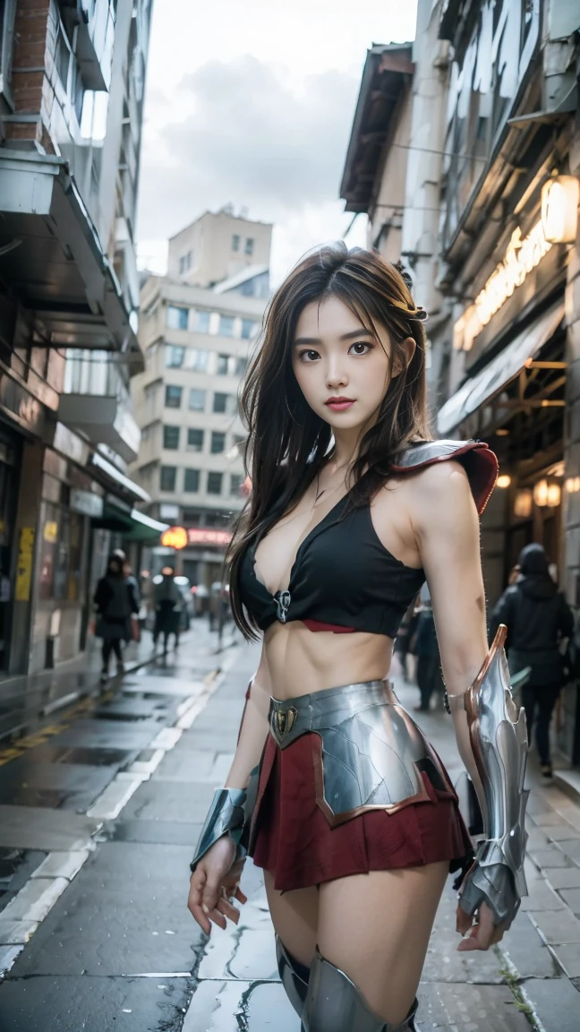 (Positive focus),(暗闇のnight:1),(highest quality),(Faithfulness:1),Movie Posting,Realistic skin texture,Very detailed,8k wallpaper,Volumetric Lighting,Dynamic Lighting,One person girl,Long black hair,Large Breasts,Black Metal Armor,red waistband,Black Armor,Scapula,Waist Guard,Handguard,Hold a long sword in front of you,desert、Combat Stance,Lots of blood,血痕のあるface,Torn clothes,古代desertの戦場,A group of ancient soldiers were chased and killed,Arrows fly,There is a lot of war,night,Dramatic composition,Around the sword,The picture is clear in detail,and,Cinema Lighting,(Chiayi:1.5), Cleavage close-up, masterpiece, highest quality, RAW Photos, Realistically, face, Incredibly ridiculous resolution, Depth of written boundary, High resolution, Super detailed, Fine details, Very detailed, Very detailed目andface, Sharp pupils, Realistic students, Get into sharp focus, Cinema Lighting,The shoulders have exposed skin,The navel is exposed,The thighs of the legs are exposed,Sniper,狙撃手andしての鋭い目,Tomboy beautiful girl,Her appearance is unparalleled in beauty.,Thin and lean body type,skinny,Big Breasts、Small waist,Thin pelvis,Thin legs,Thin legs,,Big Hips,朝日and強い日差し,City of Flames,Remains,