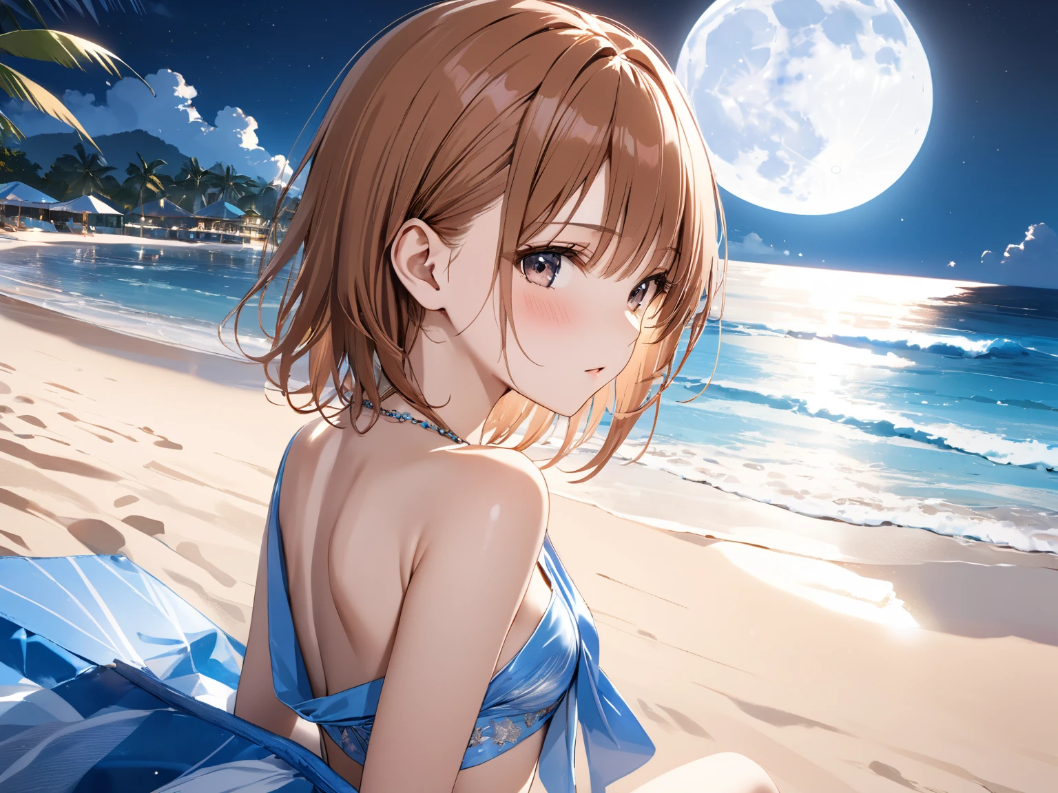 Masterpiece to the smallest detail、top-quality, 1 girl in, Watanabe You (\lovelive\), sitting bench, ocean,night, sand, sun, beach, drinking, uniform, happy, socks, cute, tree, boat, hide hand