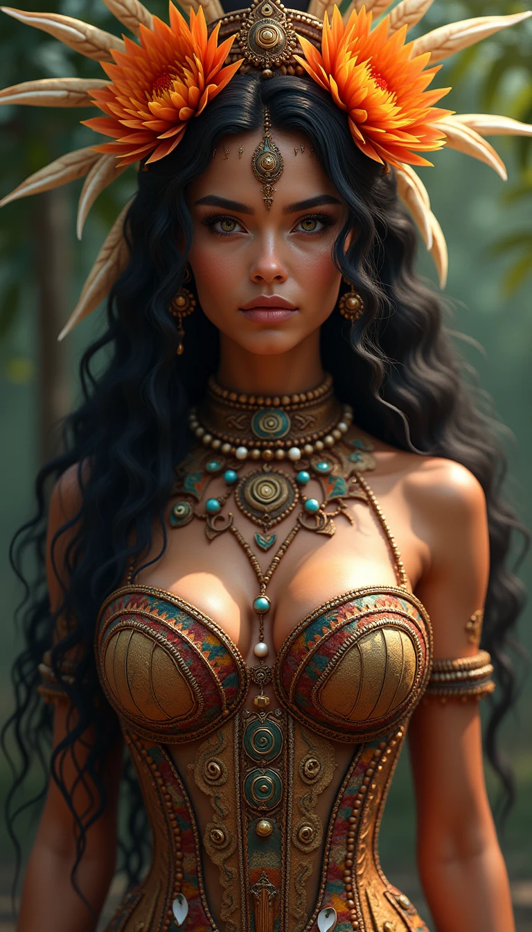 cabocla fringe of Amazonian India, woman part tiger, tiger, monochrome, black and white, many fox tails, multiple colorful parrot feathers, tanned skin, extreme long black hair messes, small coconut shell bikini, bathing to the natural, long hair covering boobs, huge macaw feather headdress