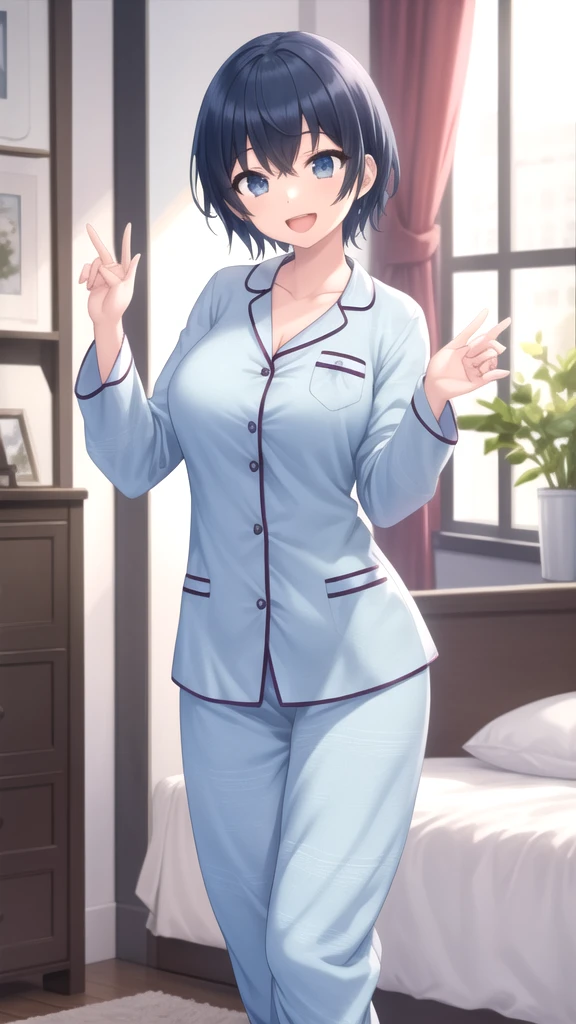 masterpiece, best quality, high quality, girl, solo, looking at viewer, touya_mochizuki, black hair, blue hair, large breasts, pajamas, standing, smile, open mouth