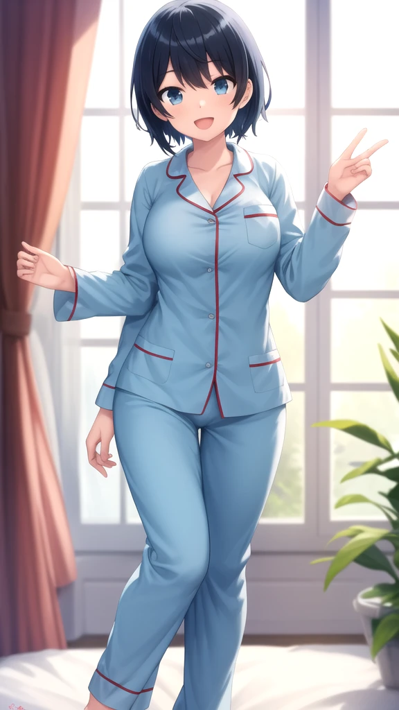 masterpiece, best quality, high quality, girl, solo, looking at viewer, touya_mochizuki, black hair, blue hair, large breasts, pajamas, standing, smile, open mouth