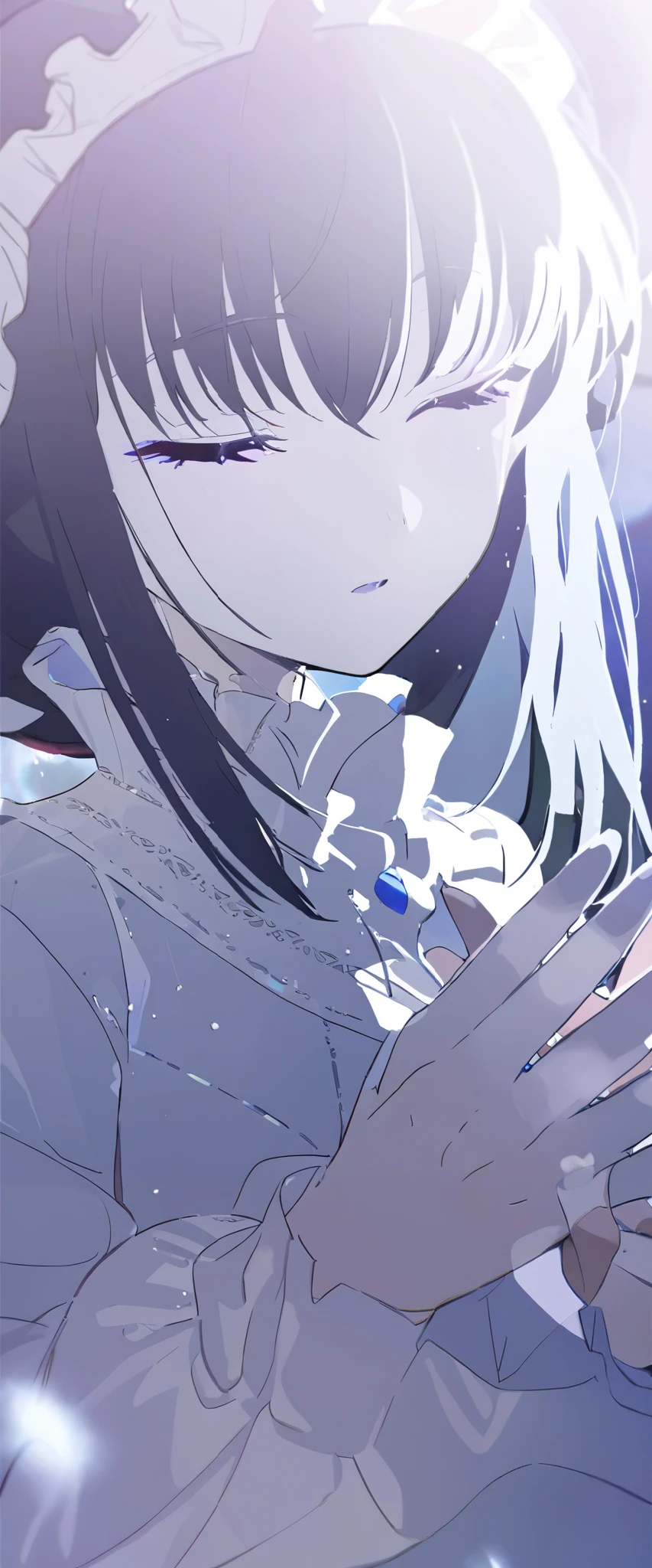 1 pale girl , white skin ,Close your eyes, long black hair, beautiful blue light, put her hands together and pray , backlit, Pure White Long Dress ,long sleeve with ruffle