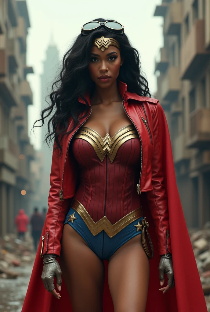 A beautiful black-skinned woman with curly black Afro hair under the mantle of the Amazonian warrior Wonder Woman, black leather jacket suit, red corset, and black leather pants, long red knee-high boots, Diaema Wonder Woman on her forehead