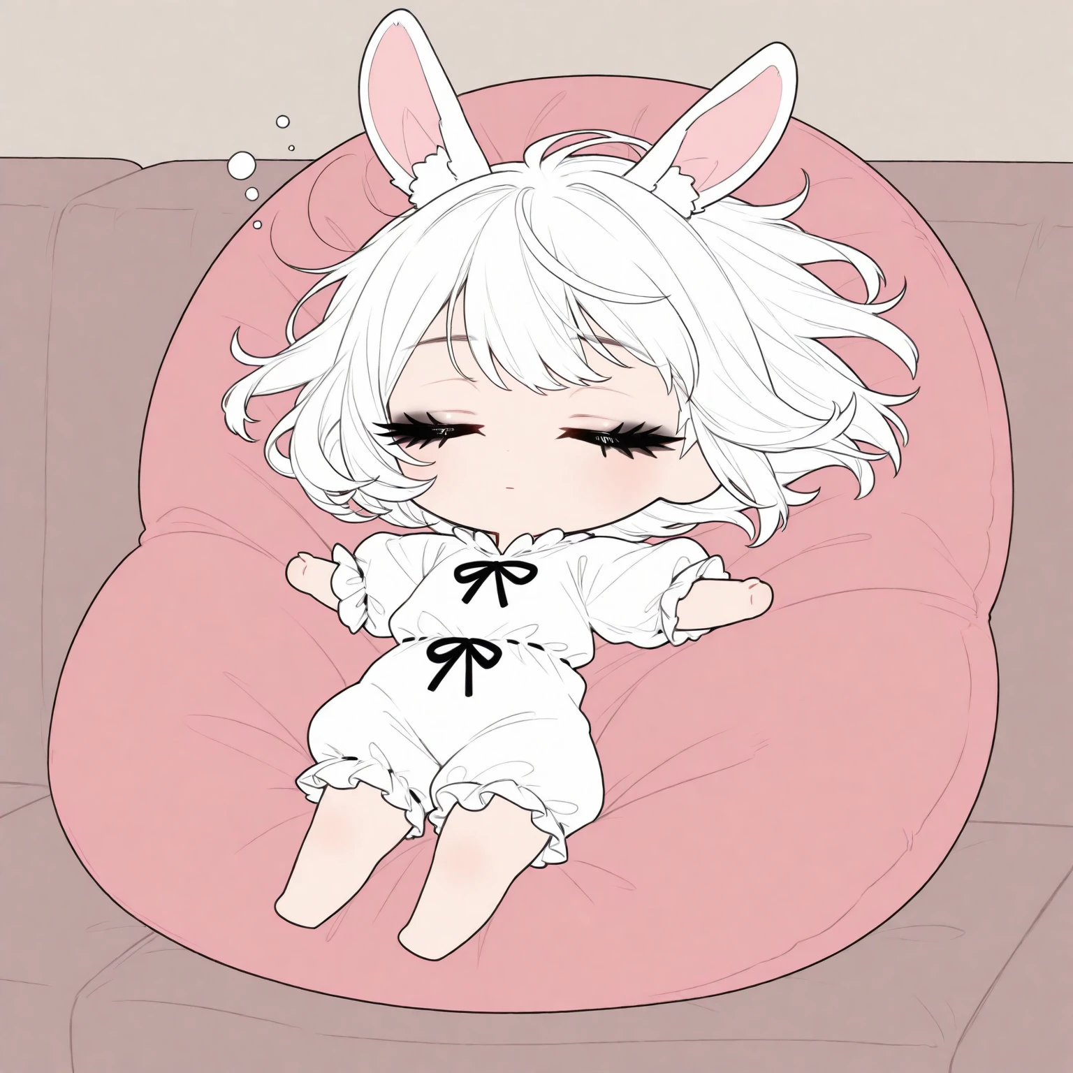 solo,1girl\((chibi:1.3),shiny short white hair,bob hair, bunny ears,floating hair, (closed eyes), (black long eyelash:1.2),sleepy, expressionless face,beautiful skin,frilled white romper\), soft outlines, relaxed and tranquil mood,big fluffy cushion, masterpiece, best quality, very aesthetic, highres, absurdres, (flat color:1.3),3d