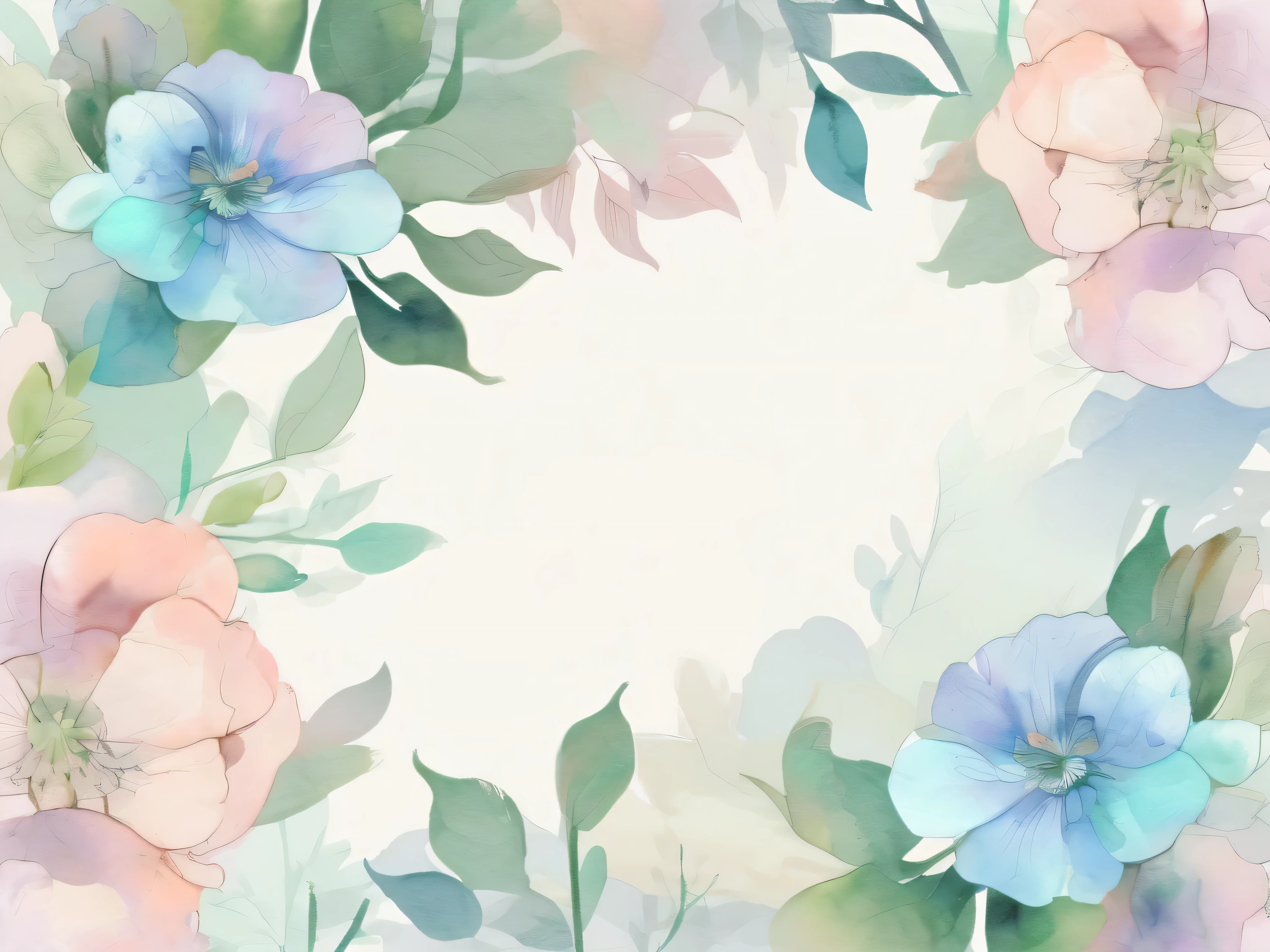 pale watercolor floral pattern。 with gentle pastel colors at the center 、 transparent light tones spread 。The background has a soft gradation 、green、Light blue harmonizes 。It comes in a variety of sizes、 bleeding outlines 。 with a soft and delicate atmosphere throughout 、 gentle and dreamy art style。