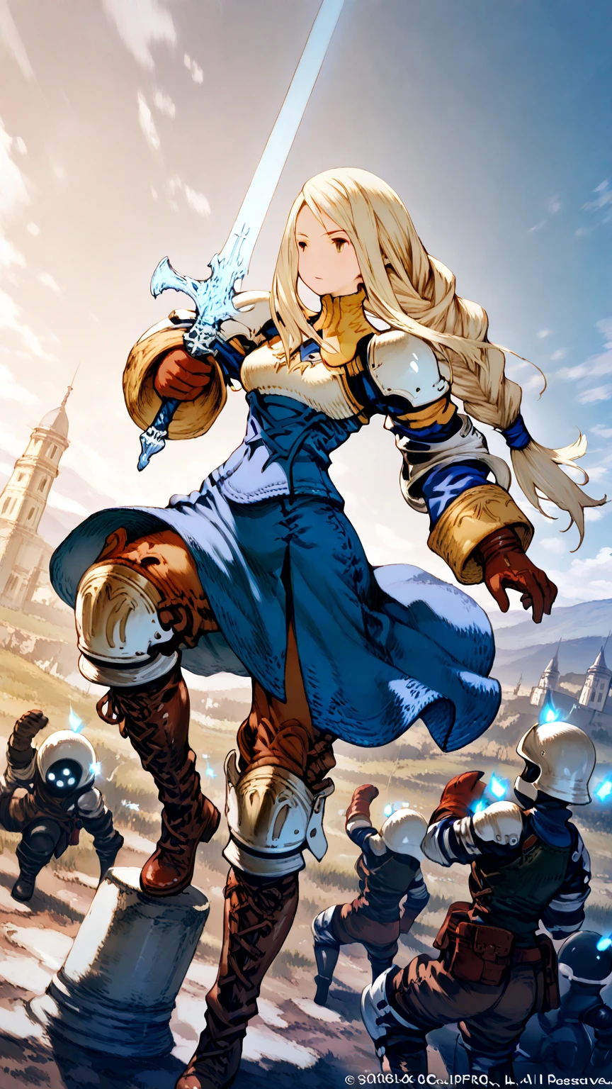 Art by Akihiko Yoshida,, BREAK ,solo,1girl\(Agrias Oaks\(Final Fantasy Tactics\), blonde hair, braided ponytail,brown eyes,shoulder armor, armor, corset,(brown pants:1.3), knee pads, blue dress, brown gloves, pants, cross-laced boots,big eye,big breast,dynamic pose,fighting stance,dynamic angle,(holding 1long-sword\(devine,european style sword,glowing (blue)\):1.4),surrounded by enemy\(soldier,facing\)\), BREAK ,background\(battlefield of europe,soldiers in war,In europe city of war, (many (blue colored:1.2) (solar-ray)),long shot,dynamic angle,very aesthetic, high definition, amazing quality, masterpiece, best quality, very aesthetic, highres, absurdres