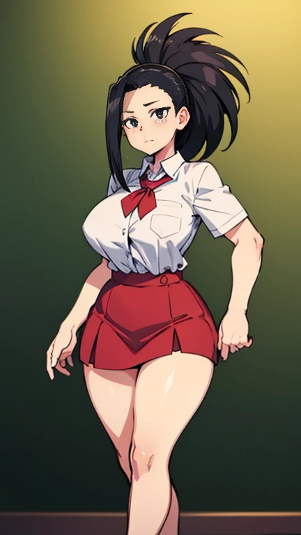 grey background 1girl black hair yellow eyes very long hair pale skin angry (bodybuilder huge breasts muscular toned body curvy wide hips thick thighs) ((school uniform))