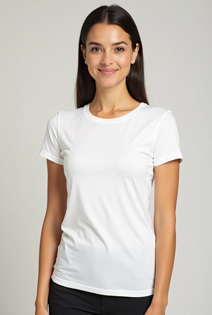 beautiful latin woman, standing straight facing forward,with white t-shirt, Jeans, on a greyish background, cotton t-shirt texture, fitted t-shirt, round neck, striped tights. Medium camera shot