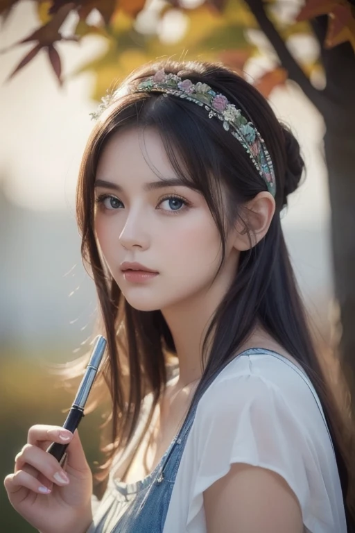 (8k, top quality, masterpiece: 1.2), ( top quality: 1.0), ( ultra high definition: 1.0), watercolor, beautiful women, (輝く瞳, Blue Peoples with Handguns ),shoulder, headband , Agnes Cecil, Portrait , Extremely bright design, pastel color, autumn lights, Moody Gray, rough style Alexey Savrasov, Ivan Shishkin, Ilya Repin , (Card Retouching: 1.2), 2D, (oil: 1.2) very detailed