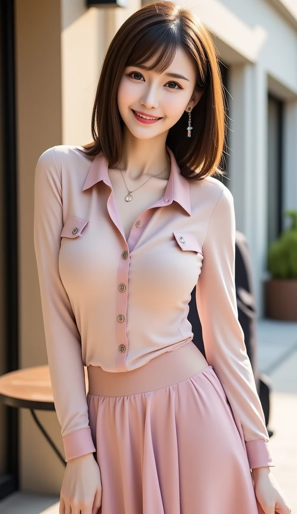 ((((Highest quality))))、(((Ultra-precision CG16K wallpaper)))、(((masterpiece)))、(((Super detailed)))、(((Extreme detail)))、((1Mature 29 year old woman:1.6))、((Very beautiful Japan face of a person))、((Urizane Face:1.8))、((medium soft wavy hair))、(Shiny Hair)、A delicately drawn beautiful face、(Dark Eyes、Reflected light from the eye)、double eyelid、High nose、Small nostrils、Small Mouth、Seductive lips、Beautiful breasts、((C cup size breasts))、Cleavage、Delicate nails、Beautiful feet、((Thin thighs))、eight-headed body、Perfect proportions、Perfect Anatomy、Perfect composition、Beautiful detailed shading、Beautiful, natural lighting、Beautiful detail glow、Depth of written boundary、(((High chroma)))、(((Real:1.9)))、((vivid:1.5))、((Beautiful Skin))、((Skin Texture))、((Realな皮膚感))、(((Cowboy Shot:1.6)))、(((front view、shoot from front、front low angle:1.6)))、(((smile:1.6)))、(((looking at camera:1.6)))、Bright daylight、Natural light、(((background_Park Square、Tree-lined street:1.5)))、(Standing pose:1.6)、(((Light pink flannel shirt&culotte skirt clothing:1.6)))、((necklace、Wearing earrings:1.5))、