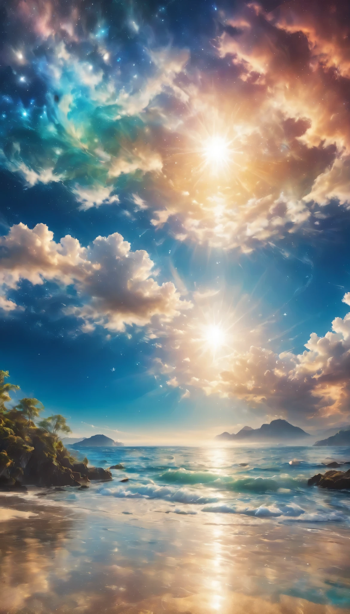ultra realistic sunny clouds, realistic summer beach, realistic RAW photo, (super detailed background, highly detailed background), surreal, high resolution, highly detailed, very detailed, shining, complex, 8K, real image, photo, realistic and realistic, motion blur, highest quality