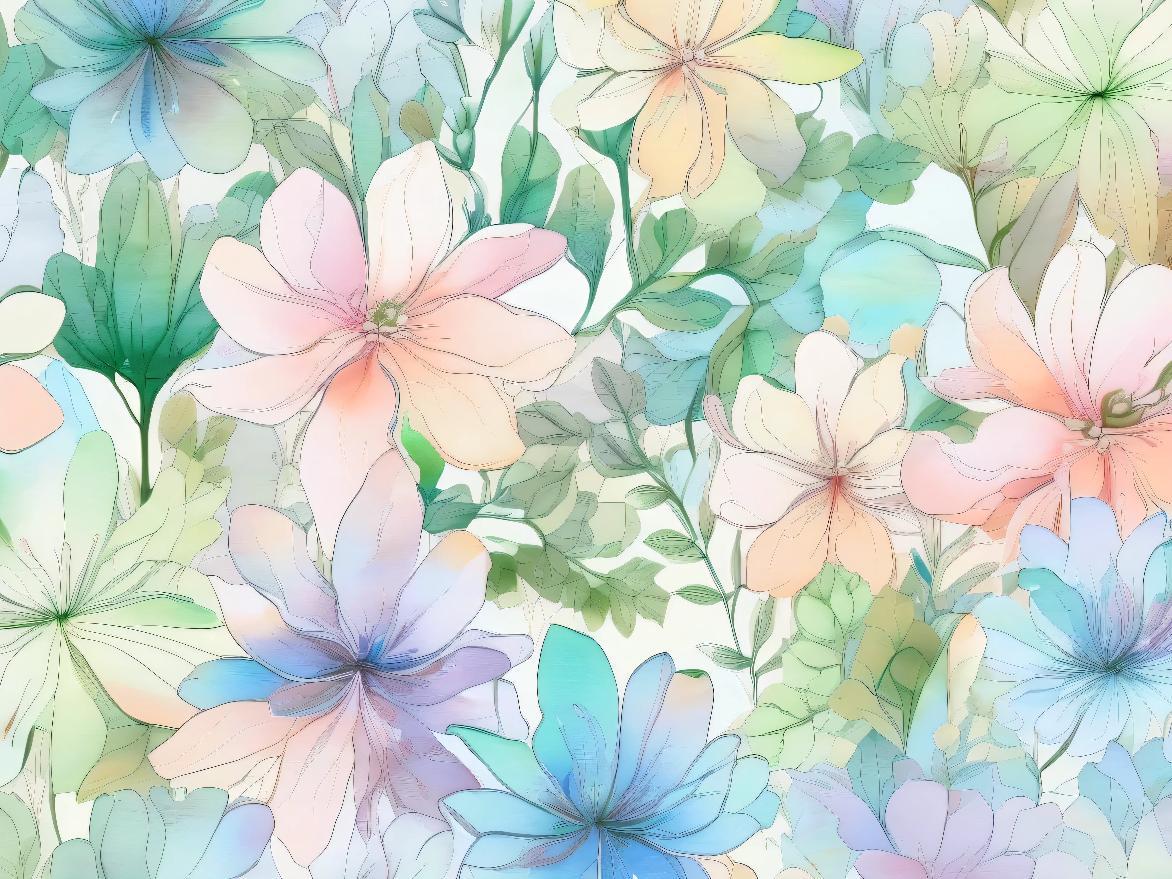 Light watercolor floral pattern 。 with gentle pastel colors at the center 、 transparent light tones spread 。The background has a soft gradation 、green、Light blue harmonizes 。The flowers are small and many、 bleeding outlines 。 with a soft and delicate atmosphere throughout 、 gentle and dreamy art style。