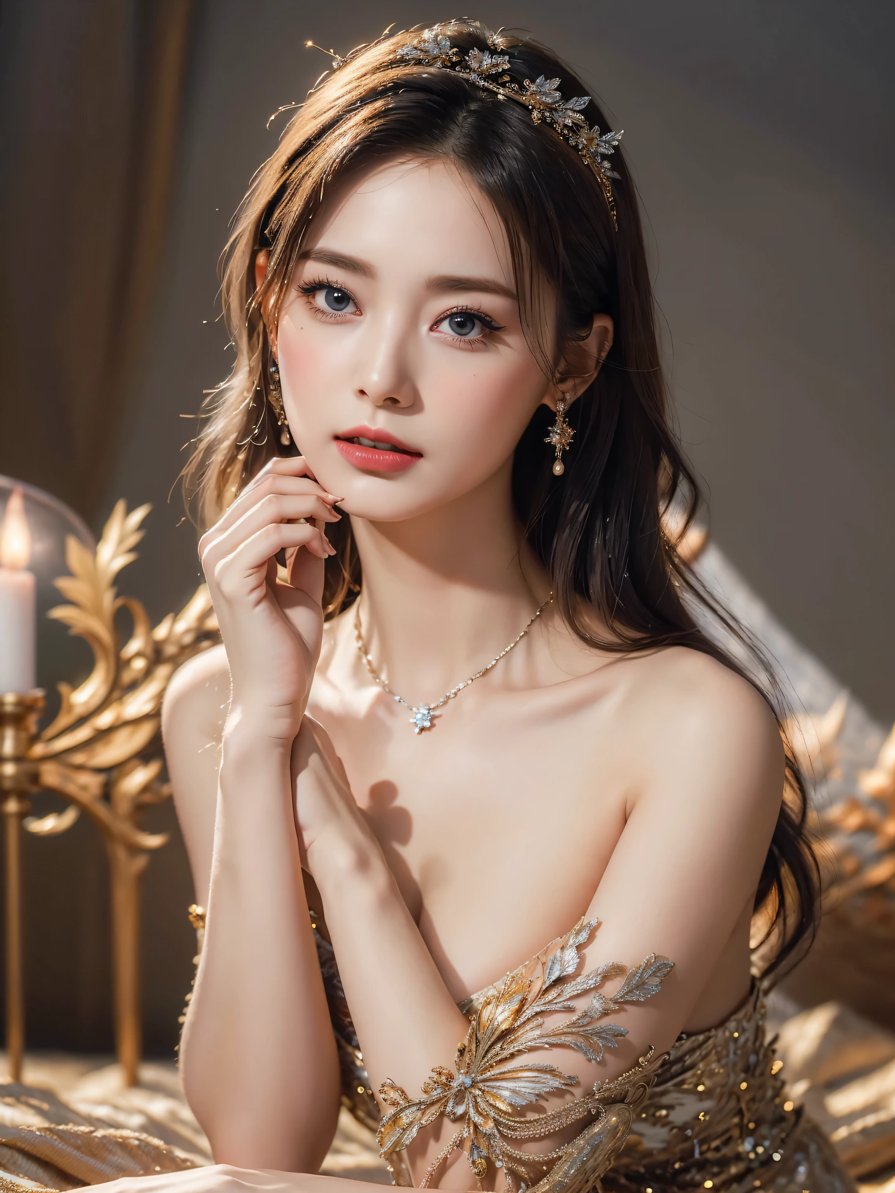 High-quality work,Realistic works,Super premium graphics,8K HD CG works,high quality graphics,High-definition and exquisite CG works,10x pixels,Ultra-fine details:1.1,Advanced technical details:1.1Realistic photo effects,Interior lighting effects:1.5,natural soft light:1.5. Light effect(Virtual light effects:1.8),ultra high resolution,shining dress,sliver long hair,silber hair,transparenthair,high detailed hair(Quality hair details:1.1)Clear eyes,Double eyelids look good,Sharp eye makeup, Create exquisite eyelash makeup, tthin eyebrows, Ultra-detailed eyes,a tall nose, lovely red lips, rosey cheeks, With delicate makeup on her face , pretty face, The face shape is perfectly proportioned,(Advanced facial details:1.1)Close-up of a woman in a platinum gold dress, chengwei pan on artstation, by Yang J, detailed fantasy art, stunning character art, fanart best artstation, epic exquisite character art, beautiful armor, extremely detailed artgerm, detailed digital anime art, artgerm on artstation pixiv, armor girl,Women's artwork,Dress full body video,Realism,Amazing Cleavage,My eyes are very bright today