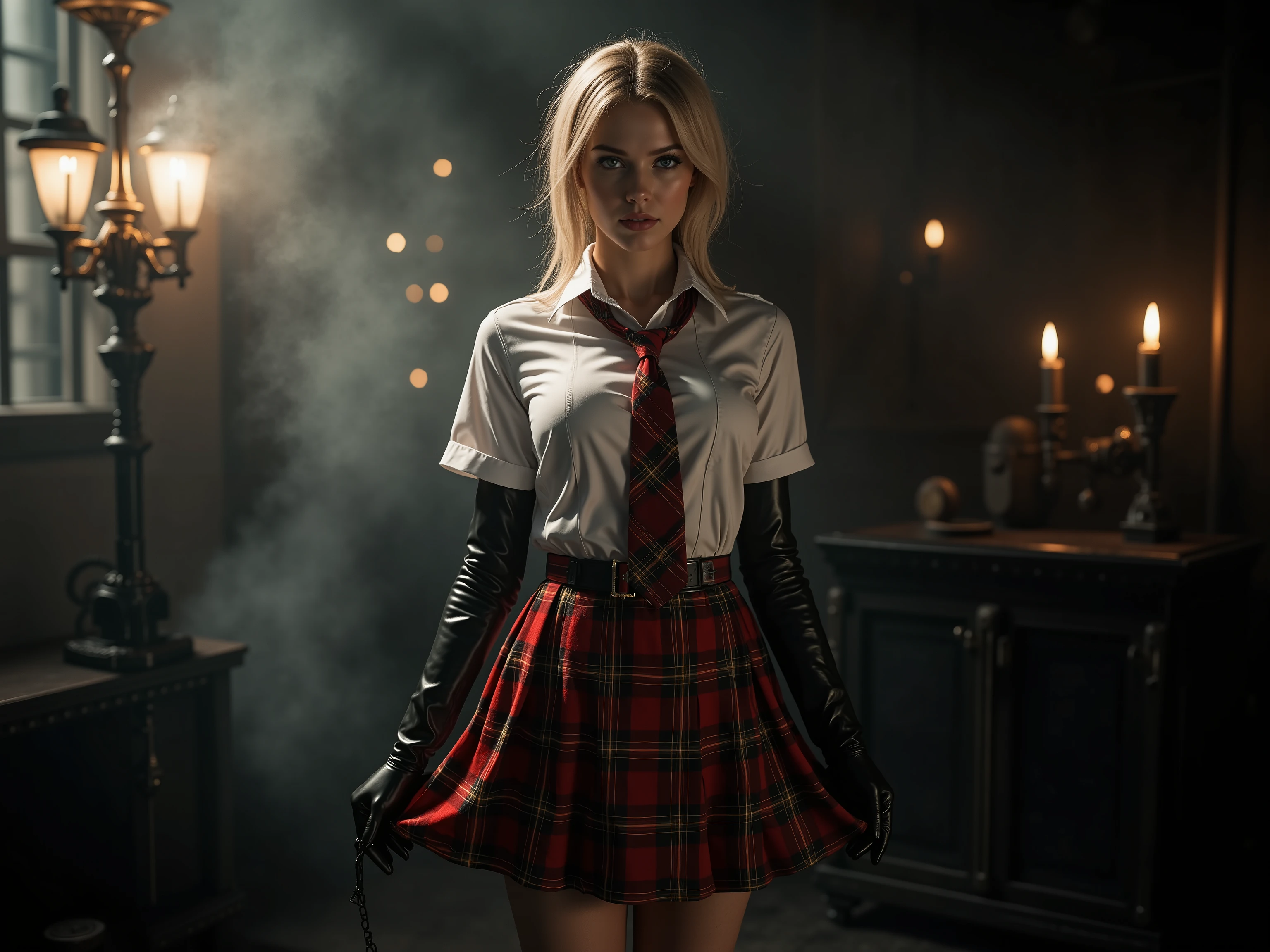quality: (((masterpiece, cinematic composition, high quality 16K, 32K))), (8k, ultra-hyperrealistic :1.3), ( photorealism :1.2), (steampunk aesthetic). Scene:beautifull blonde schoolgirl, in her uniform with shirt tie and tartan middle long minikilt tucked in the shirt. She has long latex gloves and long leather heel boots. Shes touching her skirt. lighting: Gas lamps and the glowing scepter cast a dramatic light on her silhouette, while the rest of the room remains shrouded in shadow and steam. Stil: Seductive and majestic, a perfect mix of steampunk and mystical alien aesthetic. a white light Spot from the ground in the front to the face and illuminates her nipples 