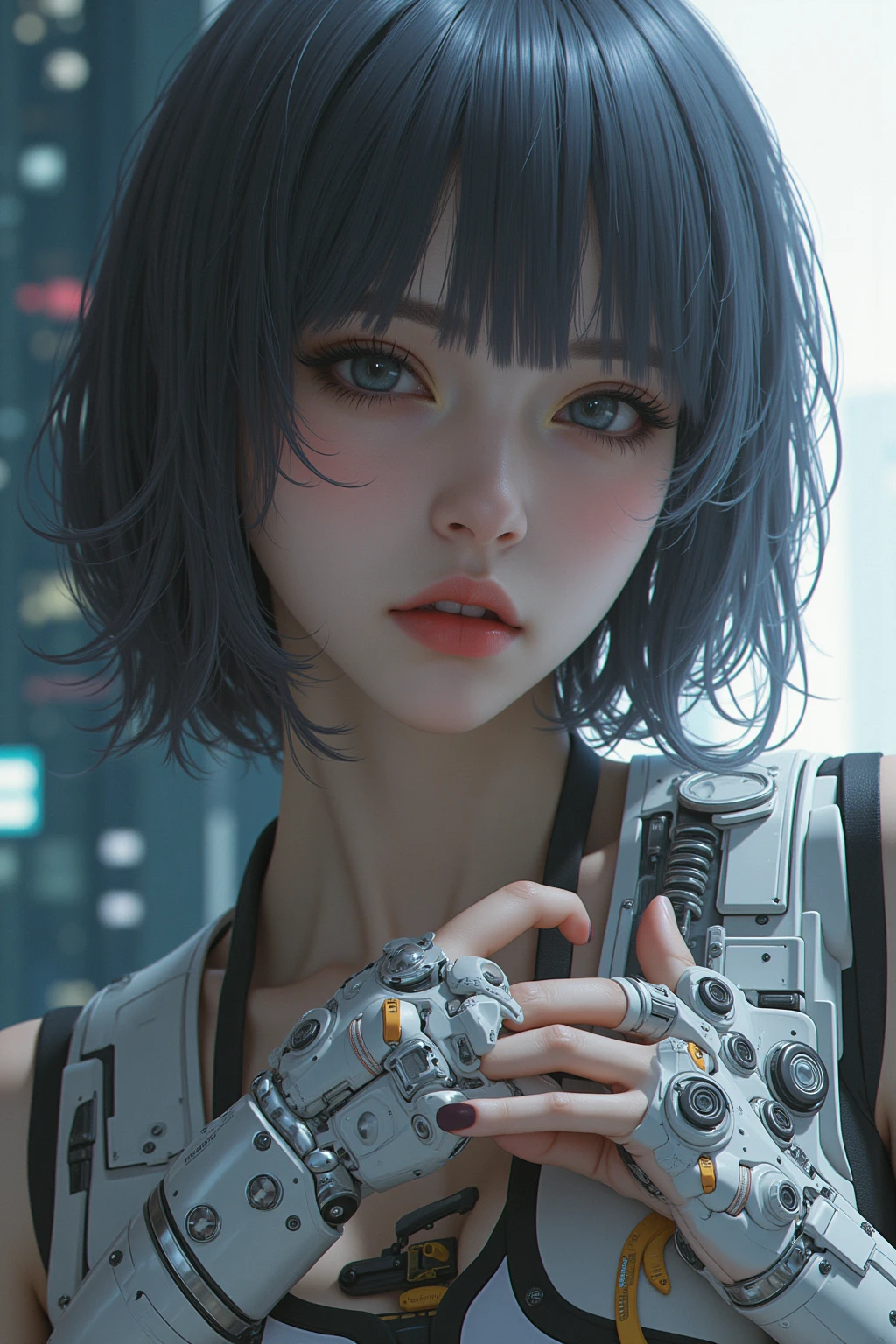 (masterpiece: 1.4,  top quality))+,( ultra detail )+, Official Art,  Unity 8K wallpaper  , Total Dream Version  , sexy look ,  cyberpunk  , beautiful , Delicate mechanical expression of one arm