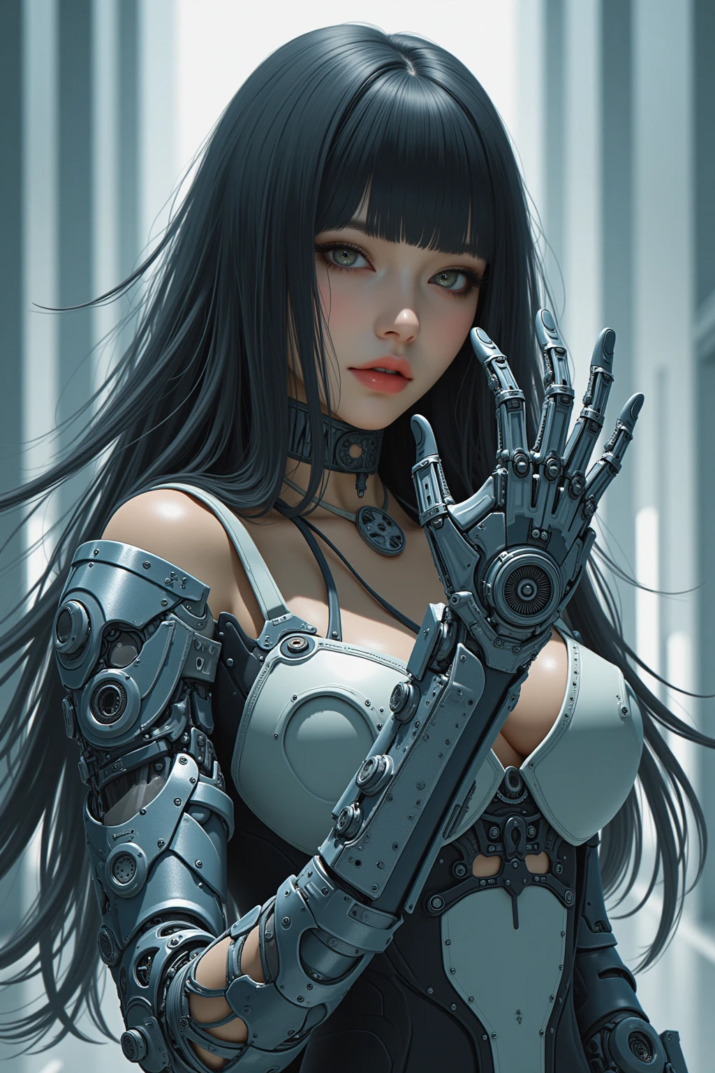 (masterpiece: 1.4,  top quality))+,( ultra detail )+, Official Art,  Unity 8K wallpaper  , Total Dream Version  , sexy look ,  cyberpunk  , beautiful , Delicate mechanical expression of one arm