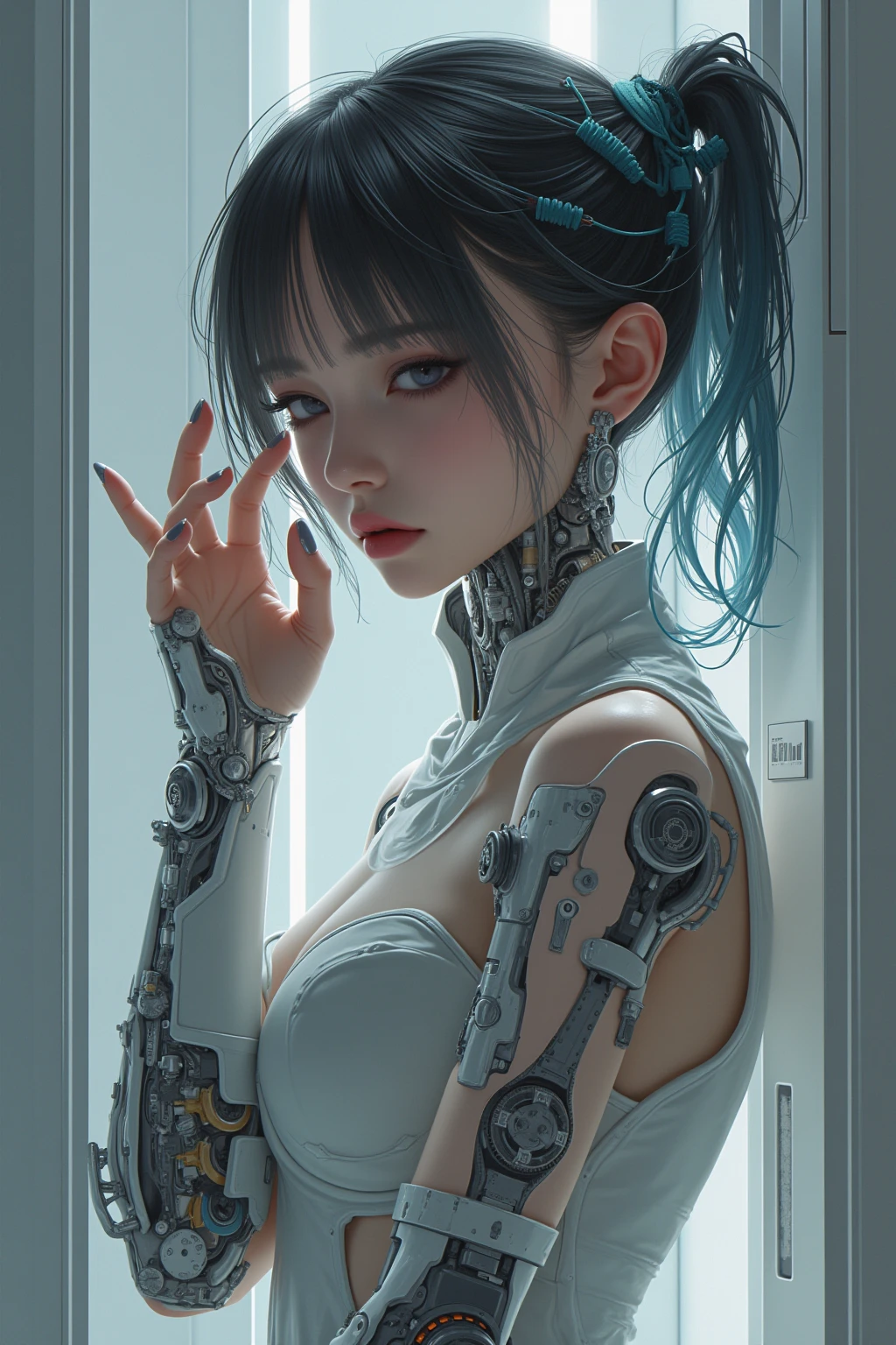 (masterpiece: 1.4,  top quality))+,( ultra detail )+, Official Art,  Unity 8K wallpaper  , Total Dream Version  , sexy look ,  cyberpunk  , beautiful , Delicate mechanical expression of one arm