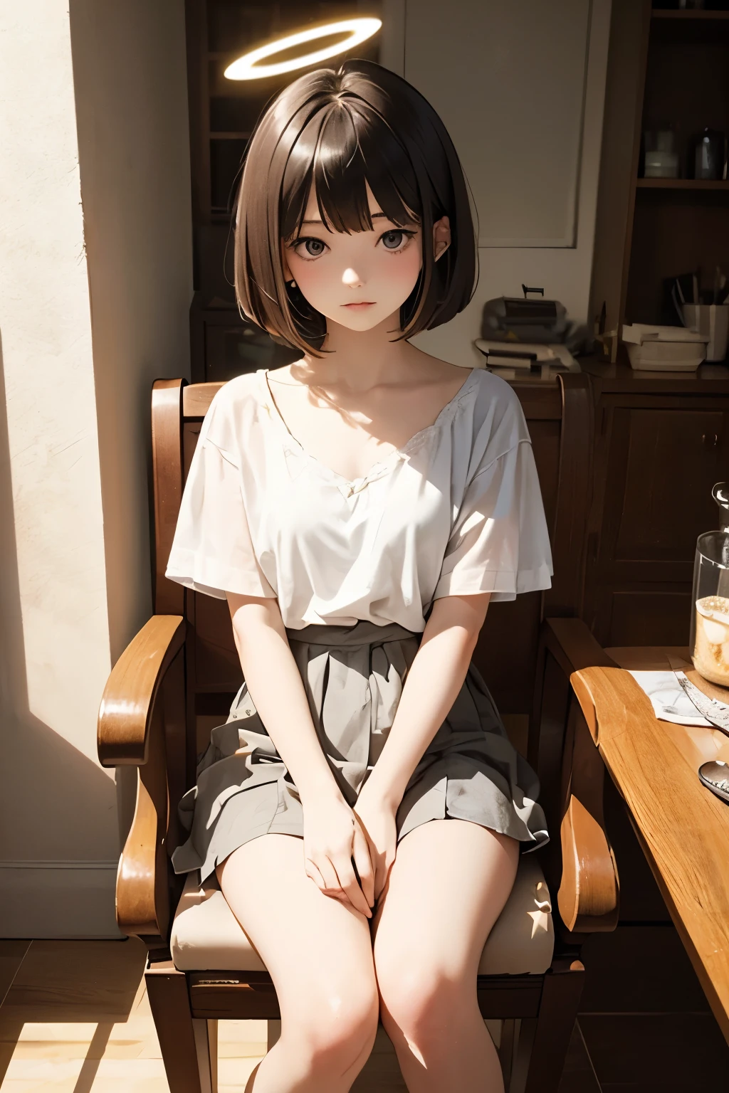 ( Highest quality, Ultra-high resolution)、girl、Black Hair、Bob Hair、melancholy、Staring out the window、A simple white T-shirt with a loose fit around the neck、Shorts、Near large windows、indoor、Sit sloppily、Outside the window it's bright, blue sky、The room is dark、Erect nipples are see-through、nsfw
