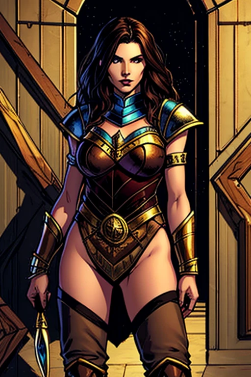 (masterpiece, top quality, best quality, official art, beautiful and aesthetic:1.2), (1girl:1.3), ((Sharp facial features, sharp features, hawkish features)), ((big hair, long elf ears, long black hair)), (((pale purple skin, pale blue skin, blue skin, purple skin))), big tiddy dark elf girl, extremely detailed, portrait, looking at viewer, solo, (full body:0.6), detailed background, full-body shot, (cold night mountain theme:1.1), dark elf war dancer, (spiky winged helmet), charlatan, smirk, mysterious, swaying in mountains, skimpy attire, revealing gladiatrix costume, ebony metal, gold filigree, gold bikini, circlet, metal bikini, long boots, dual knives, blood red fabric, pelvic curtain, loincloth, black leather, ((((gigantic breasts, cleavage, skindentation, long legs, pelvic curtain)))), cute belly button, toned tummy, slim waist, slim hips, long legs, medieval (mountain exterior:1.1) background, dark mysterious lighting, shadows, magical atmosphere, dutch angle