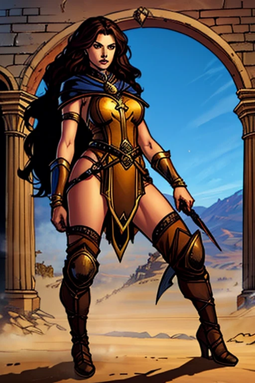 (masterpiece, top quality, best quality, official art, beautiful and aesthetic:1.2), (1girl:1.3), dark brown hair in a huge ponytail, extremely detailed, portrait, looking at viewer, solo, (full body:0.6), detailed background, close up, (hot summer coliseum theme:1.1), human gladiatrix, charlatan, mysterious, walking in forest, revealing bronze gladiator armor, spear and shield, metal bikini, topless, tits out, brown leather, cowl, cloak, bracers, armor, gauntlets, helmet, facemask, long boots, buckles, straps, light grey fabric, brown leather, gigantic breasts, cleavage, skindentation, slim waist, slim hips, long legs, medieval (coliseum arena exterior:1.1) background, dark mysterious lighting, shadows, magical atmosphere, dutch angle, (((balsamique)))