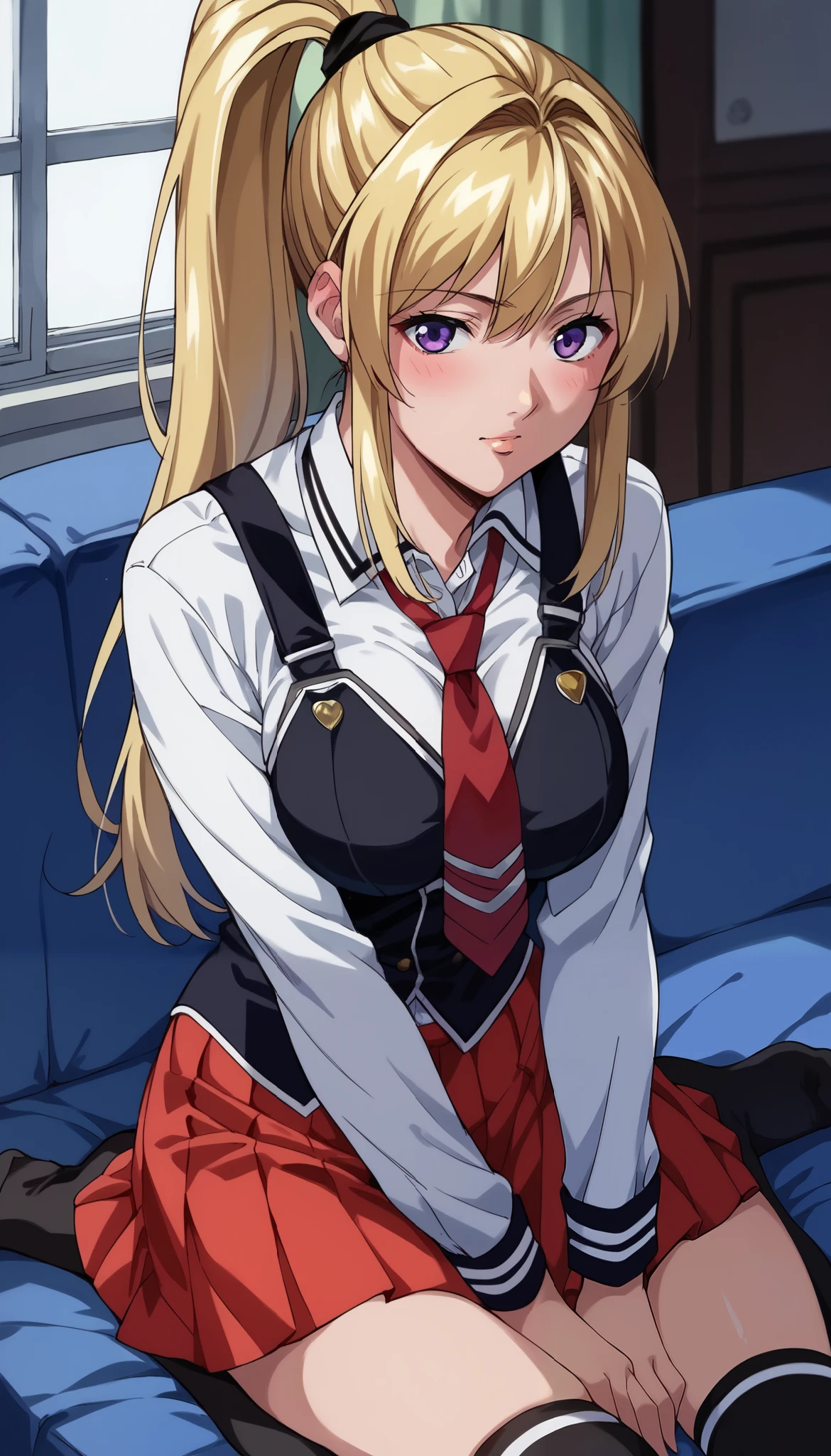 score_9, score_8_up, score_7_up, score_6_up, score_5_up, score_4_up, (masterpiece), best quality,source_anime,clip skip:2,alone,kaorisaeki,1girl,blonde hair,ponytail,purple eyes, school uniform, white shirt, strap ,vest, red tie,long_ sleeve, red skirt , thigh-length socks, full body,sofa,on_ stomach,blush,Dissatisfied face,24 years old,large breasts,