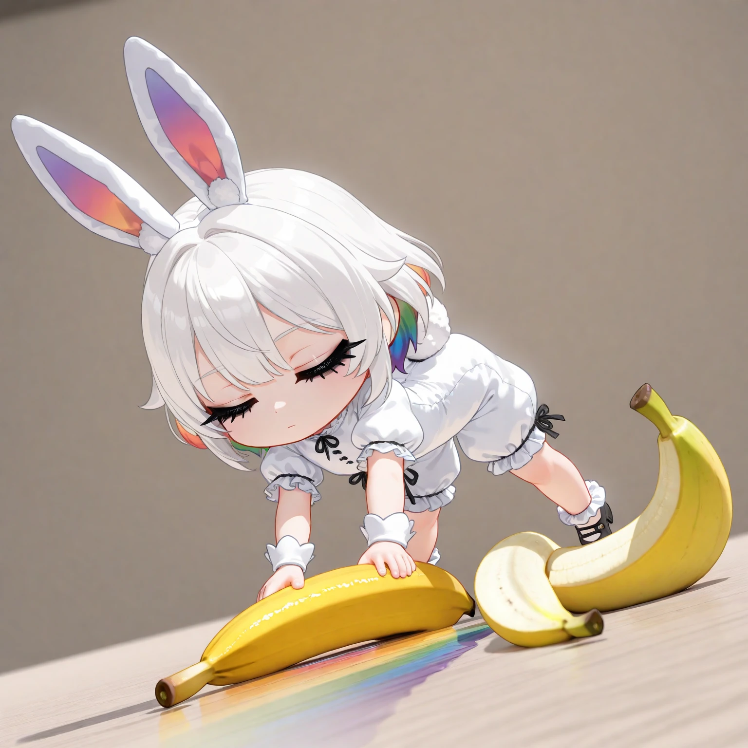 (solo),1girl\((chibi:1.3),cute,kawaii,shiny short white hair, bunny ears, (closed eyes), (black long eyelash:1.2), expressionless face,beautiful skin,(fall down:1.3) by banana peel,white frilled romper,(1white rabbit-tail:0.6),squeezed face,full body,dynamic pose\), many (rainbow-colored banana:1.3), masterpiece, best quality, very aesthetic, highres, absurdres, 3d,minimalist,longshot,dynamic angle,comedy mood