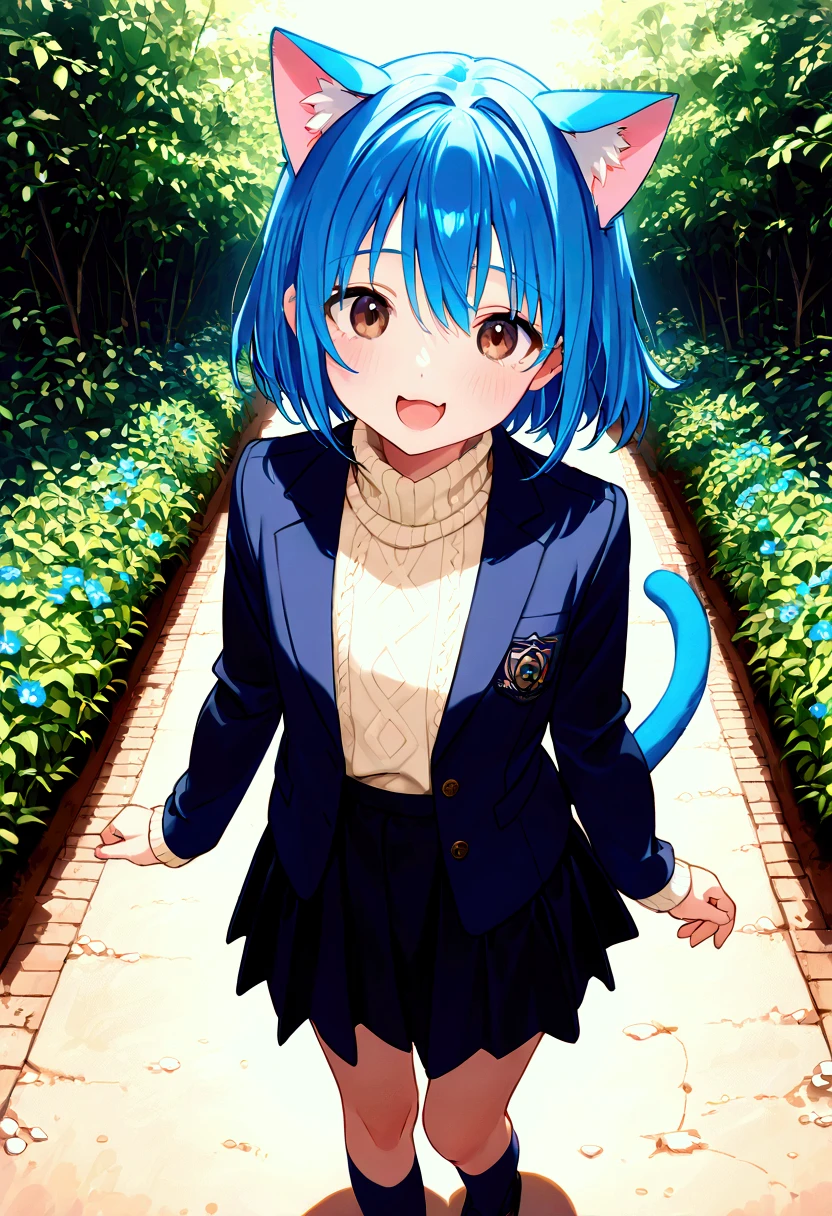 masterpiece、very awa、One girl、  chest、 slender body、Slender legs、 shiny blue hair、blue cat ears and tail 、 short bob 、 brown eyes、 navy blue blazer、 cream sweater 、 check skirt、 dark blue socks、garden、 Light Shines In 、Bullish face