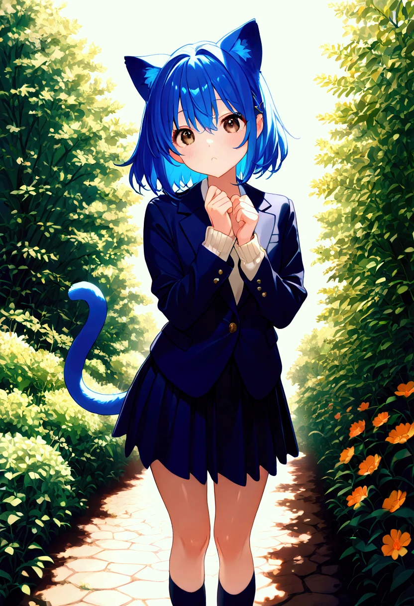 masterpiece、very awa、One girl、  chest、 slender body、Slender legs、 shiny blue hair、blue cat ears and tail 、 short bob 、 brown eyes、 navy blue blazer、 cream sweater 、 check skirt、 dark blue socks、garden、 Light Shines In 、Bullish face