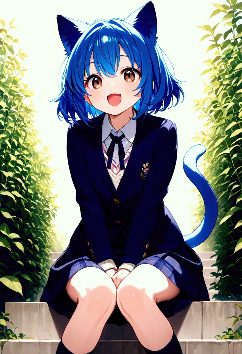 masterpiece、very awa、One girl、 little chest、 slender body、Slender legs、 shiny blue hair、blue cat ears and tail 、 short bob 、 brown eyes、 navy blue blazer、 cream sweater 、 check skirt、 dark blue socks、garden、 Light Shines In 、Bullish face