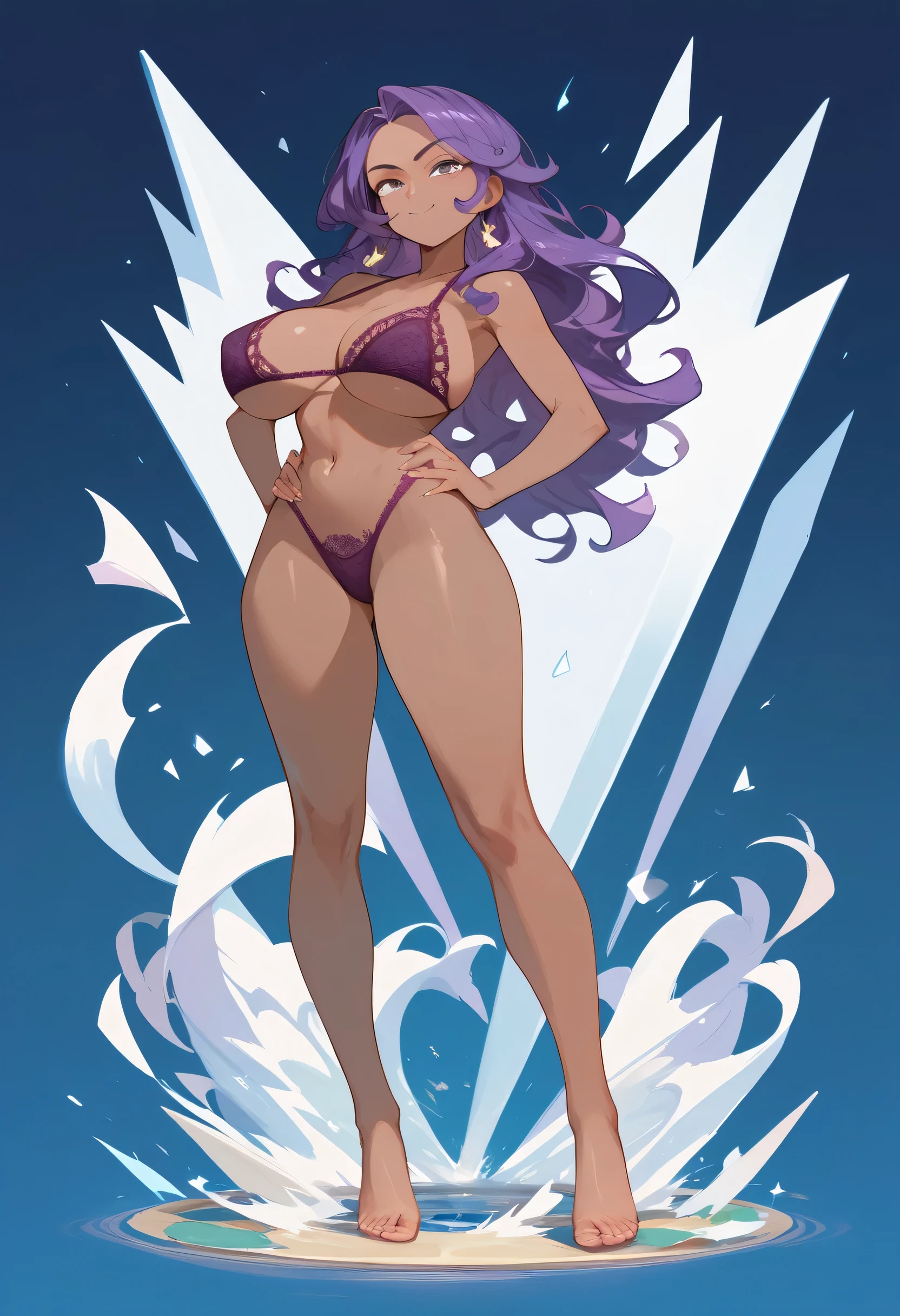 Masterpiece, best quality, Masterpiece, best quality, 1 woman, brown skin , I have long, wavy purple hair. , sly face , Purple lace bikini , big breasts , abdomen , Long legs , hands on your hips.. , Barefoot , full body