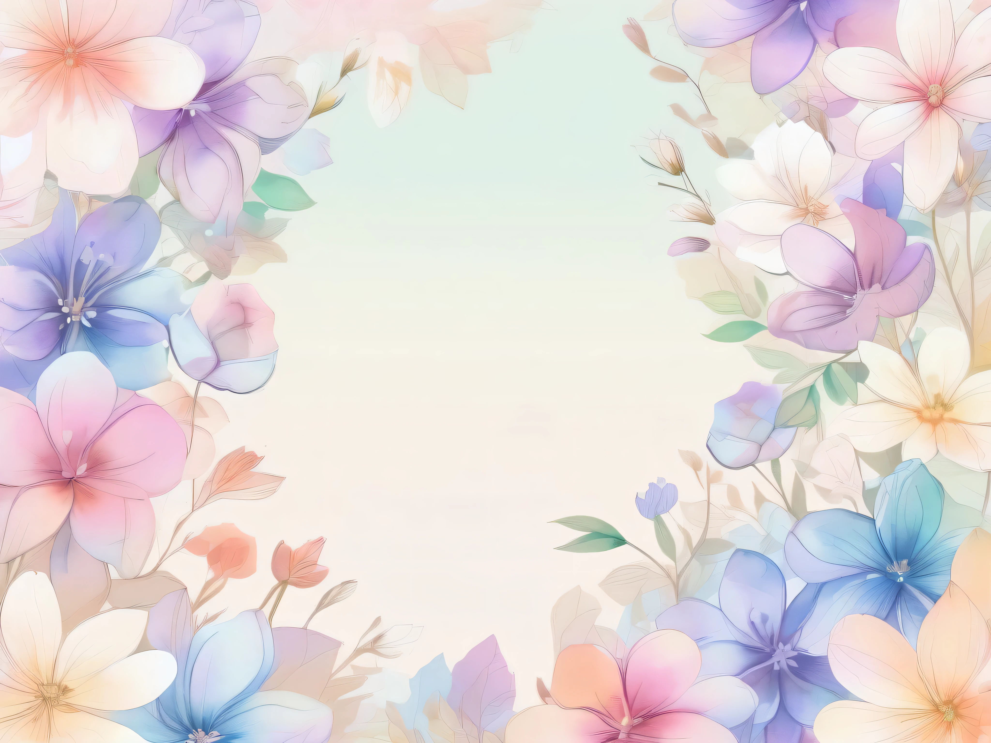 Light watercolor flower pattern 。 with gentle pastel colors at the center 、 transparent light tones spread 。 background has a soft gradient。a lot of small flowers、 bleeding outlines 。 with a soft and delicate atmosphere throughout 、 gentle and dreamy art style。