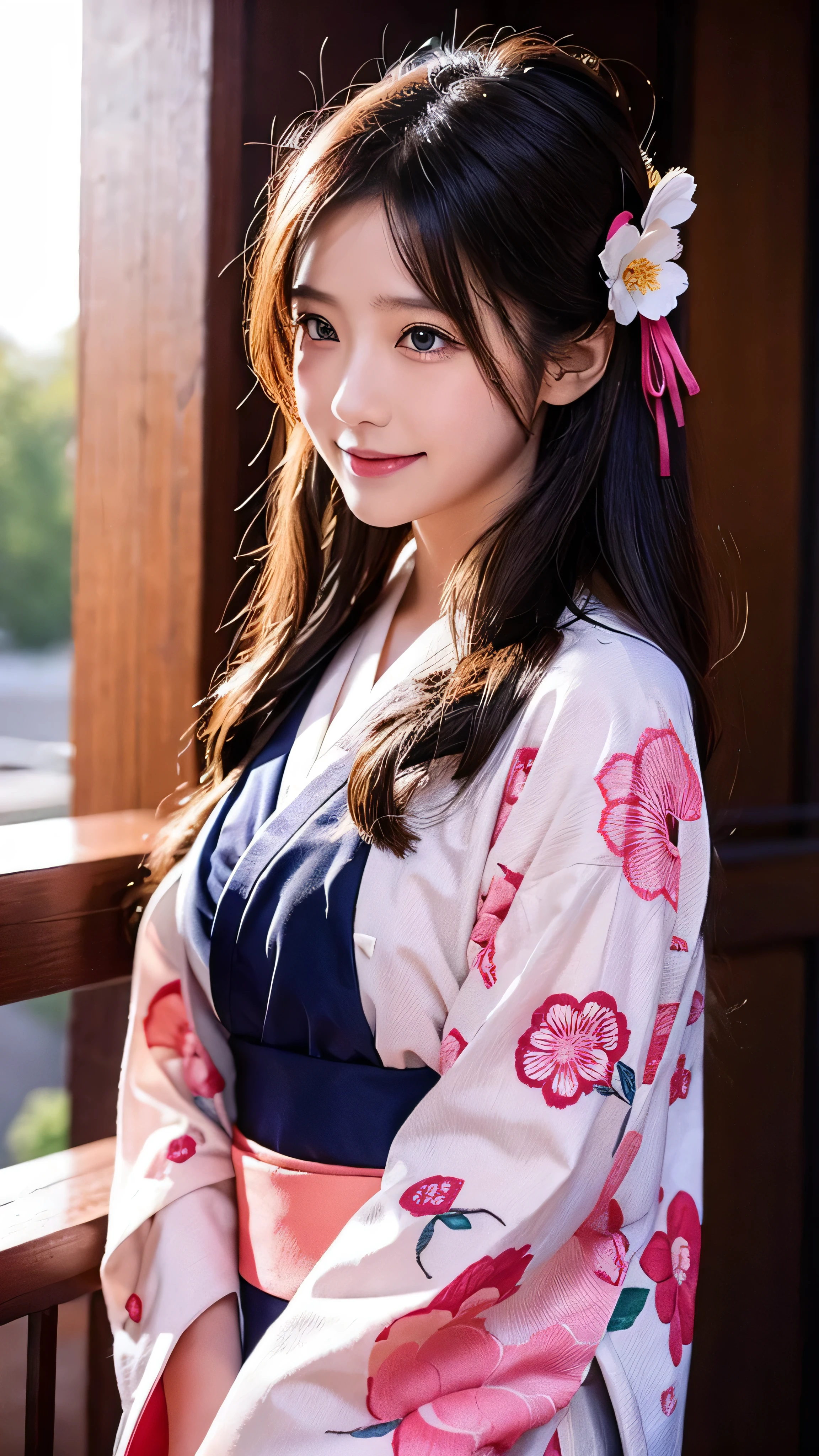  Girl Wearing a Shrine Floral Kimono, Swollen eyes, smile,  face details、Beautiful Shrine Maiden, (Chestnut Hair),  super long hair,  hair accessories, Prayer to the Shrine , Pink Floral Kimono ,  Blue Ornaments ,  Open Chest Costume, Full body high definition image, throw,  Under Bright Sunlight 。,