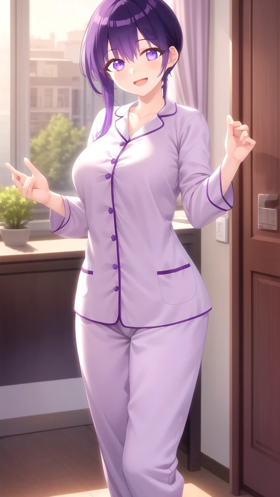 masterpiece, best quality, high quality, girl, solo, looking at viewer, yuuki_izumi, purple eyes, purple hair, large breasts, pajamas, standing, smile, open mouth 