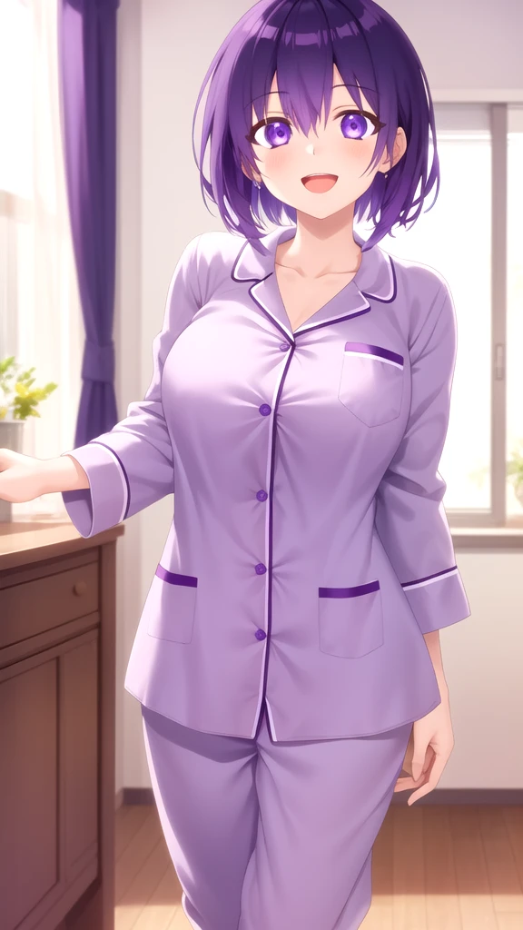 masterpiece, best quality, high quality, girl, solo, looking at viewer, yuuki_izumi, purple eyes, purple hair, large breasts, pajamas, standing, smile, open mouth 