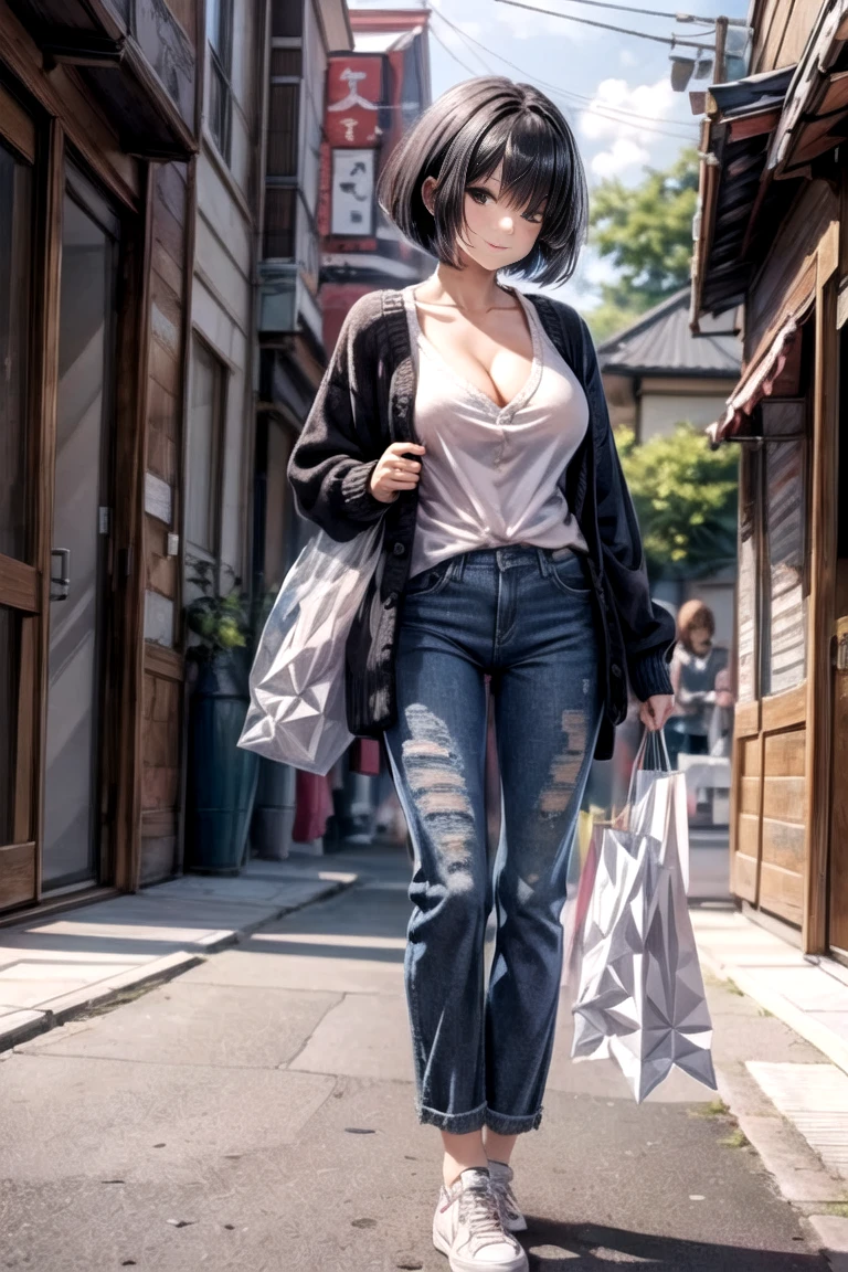 masterpiece, top quality,Ultra HD Explained,Full HD,16k, Super Resolution , Exact Human Body, correct human anatomy ,A fascinating scene, enchanting smile,((Daytime, street,Shopping Street,Outdoors,２individual shopping bags)),((((( is standing:2.0,２individual shopping bagsを持つ))))),  one woman:2.0,  viewers,((Black Hair,  short bob  _Cover one eye, darker than your age, beautiful white skin)),( open your eyes,Mouth closed, mature body _ far beyond age :1.5, :1.6, long legs ), ((Abnormally large breasts,Pcup's Pcup , deep cleaves )),(((( black cardigan , white shirt,Black denim pants, sneakers))),18 years old,   Japanese  ,Colours of the 90s, Bust Shots, active angle, anime celltones ,Bright screen, breasts during cleavage:1.8.