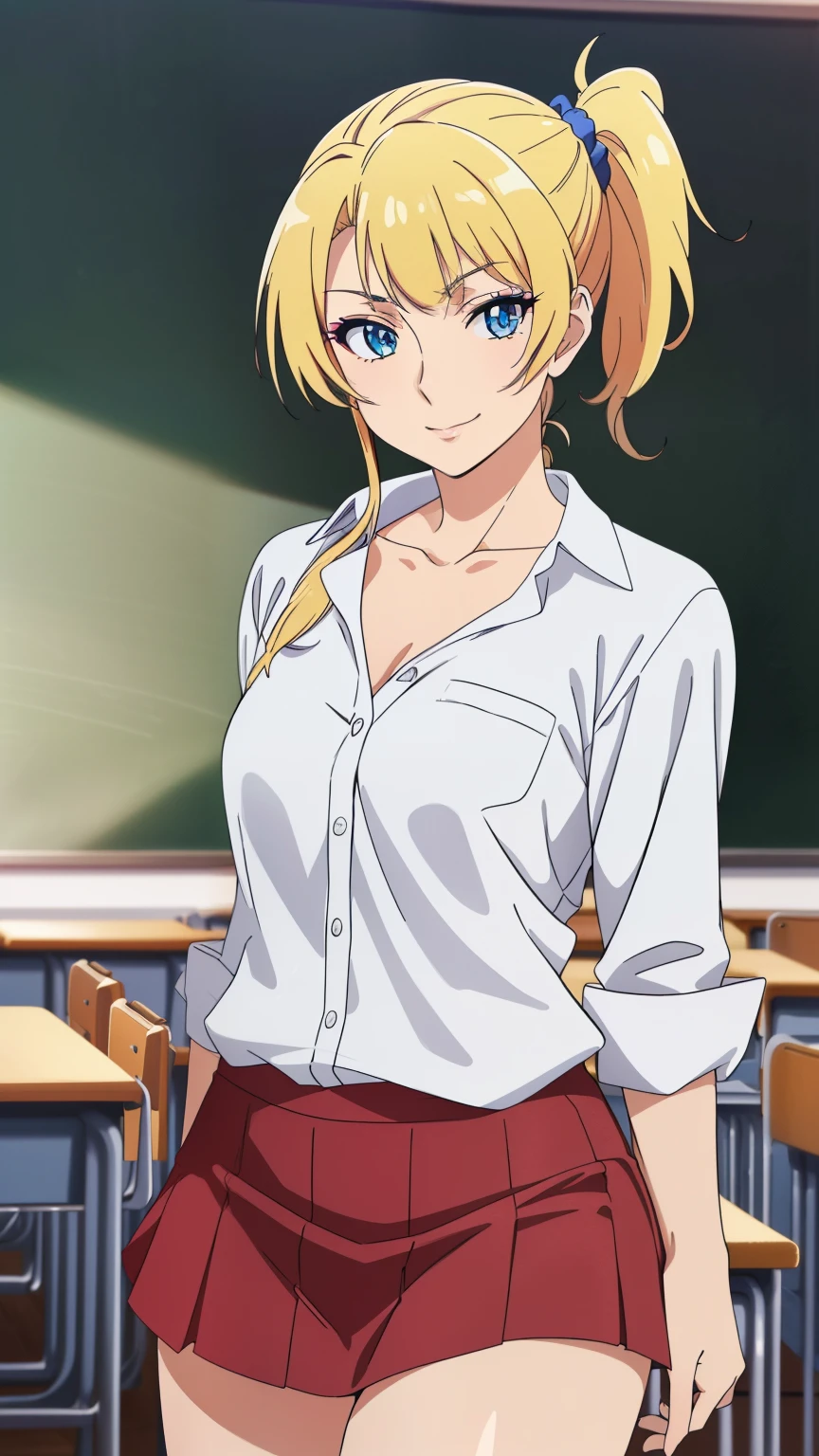(Top quality, masterpiece, 8k), (Realistic skin texture), (anime coloring), very detailed, perfect face, beautiful eyes, perfect eyes, detailed eyes, feature large highlight, detailed face, ultra-detailed, detailed eyes, symmetrical eyes, (Dynamic angle), (smirk:0.9), Sharp details, 1girl, (medium hair, blonde hair), (((side ponytail)), (bangs), (18 years old), (mature face:1.1), (small medium breasts:0.7), (False eyelashes, white shirt, collarbone, micro mini skirt, thighs, accessories, classroom), (cowboy shot:1.5), looking at the viewer,