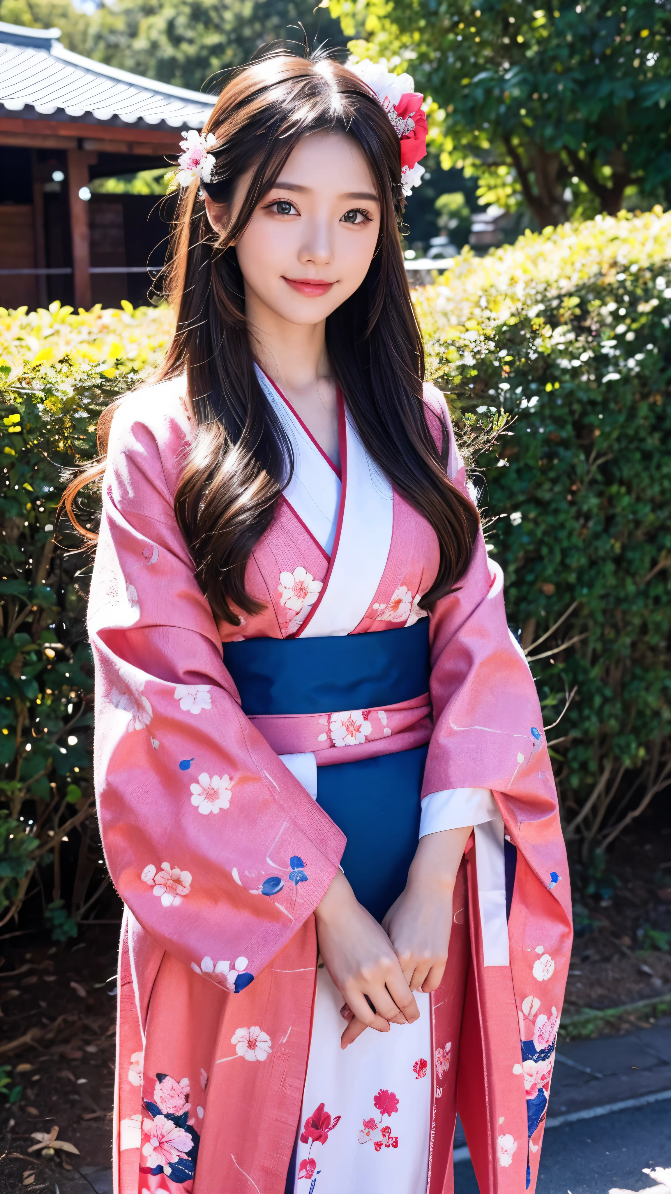  Girl Wearing a Shrine Floral Kimono, Swollen eyes, smile,  face details、Beautiful Shrine Maiden, (Chestnut Hair),  super long hair,  hair accessories, Prayer to the Shrine , Pink Floral Kimono ,  Blue Ornaments ,  Open Chest Costume, Full body high definition image, throw,  Under Bright Sunlight 。,