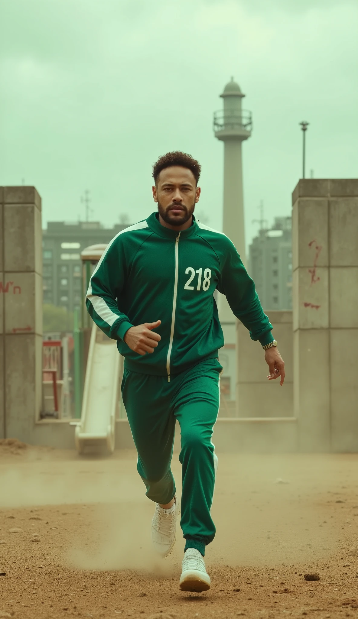 A full-body shot of man like n3ym4rjr running directly toward the viewer in a highly cinematic and intense scene inspired by Squid Game. He is wearing the iconic green tracksuit with one white stripe on the sleeves and legs. The tracksuit has the number '218' printed in white on the left side of his chest. He has a determined and slightly desperate expression on his face. The background depicts a dusty, dystopian arena under an overcast sky, with large, surreal playground elements in the distance (like a giant slide and a swing set) and towering concrete walls with faint red markings. The lighting is soft, with a slight sepia tone, enhancing the tension and atmosphere of the scene. Dust and small debris appear in the air to emphasize the action