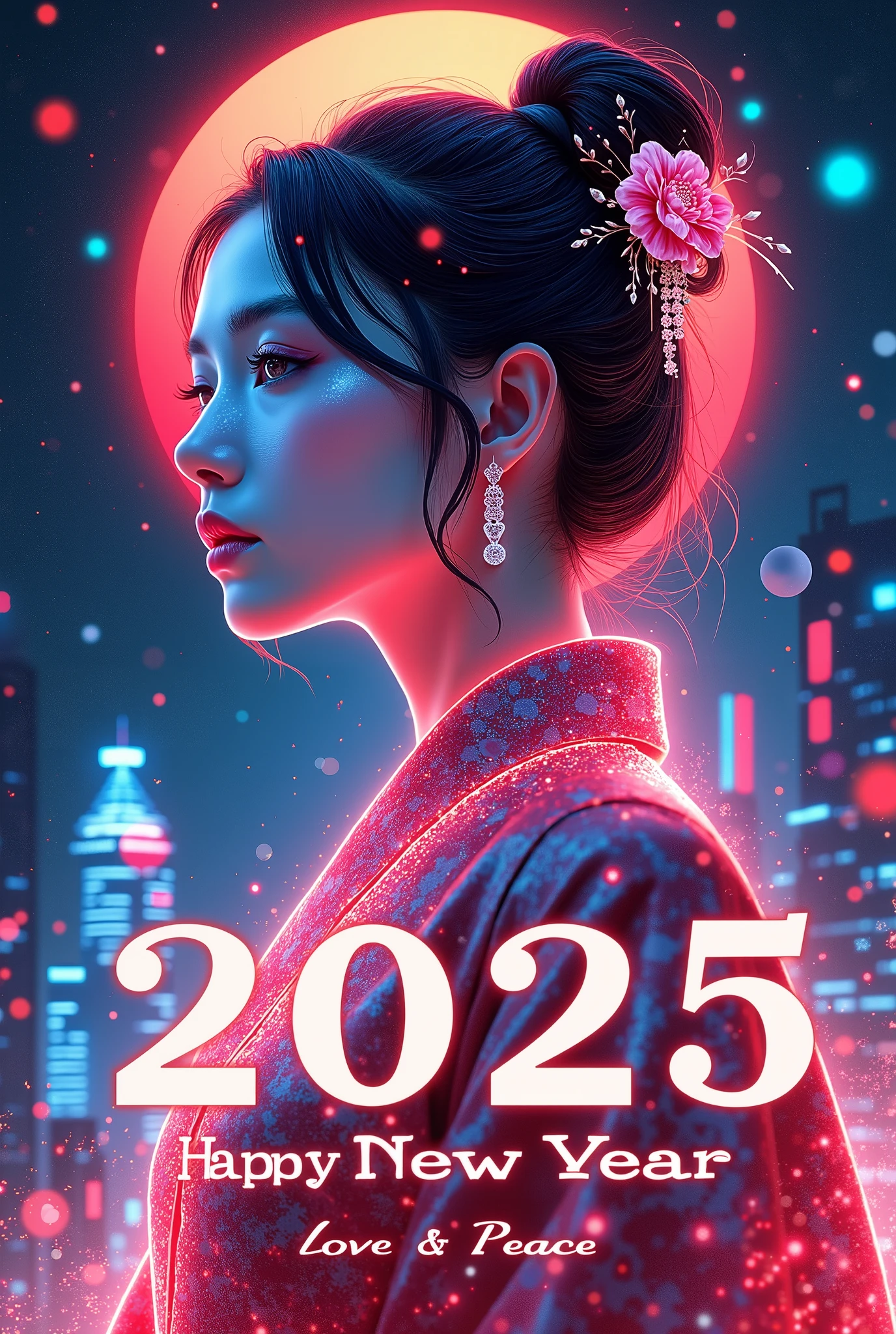 A new style like no other ,  draw with a glowing watercolor brush,  digital design poster using brilliance ,  expresses the glamor of the new year in detail ,  Let's make a poster full of smiles that combines cyberpunk and traditional Japanese beauty, ( sentence “2025 HappyNew Year” , “Love”, “&”, Insert “peace” ),  ( sentence “2025 HappyNew Year” , “Love”, “&”, Insert “peace” ),  ( sentence “2025 HappyNew Year” , “Love”, “&”, Insert “peace” ), glow line art