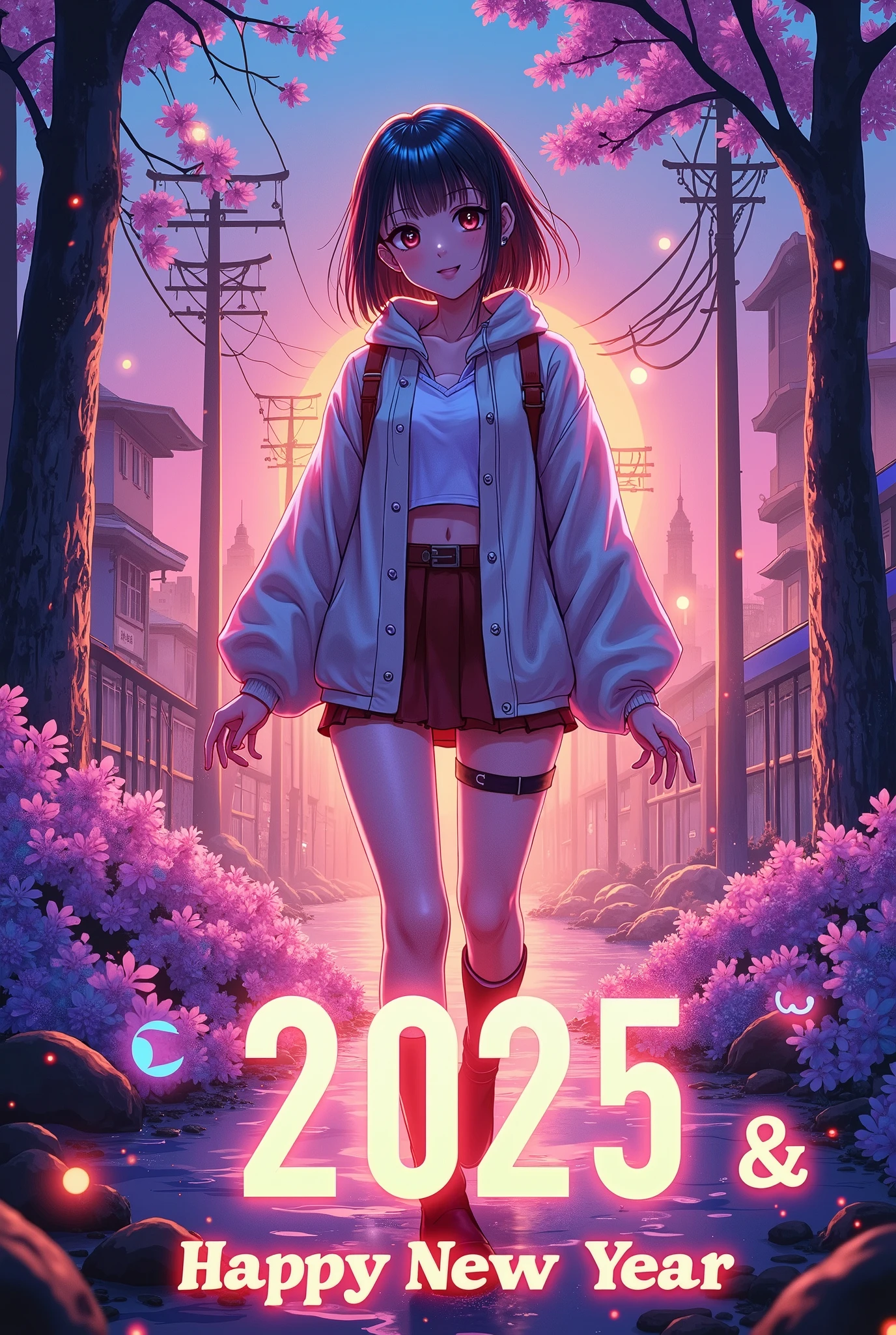 A new style like no other ,  draw with a glowing watercolor brush,  digital design poster using brilliance ,  expresses the glamor of the new year in detail ,  Let's make a poster full of smiles that combines cyberpunk and traditional Japanese beauty, ( sentence “2025 HappyNew Year” , “Love”, “&”, Insert “peace” ), glow line art