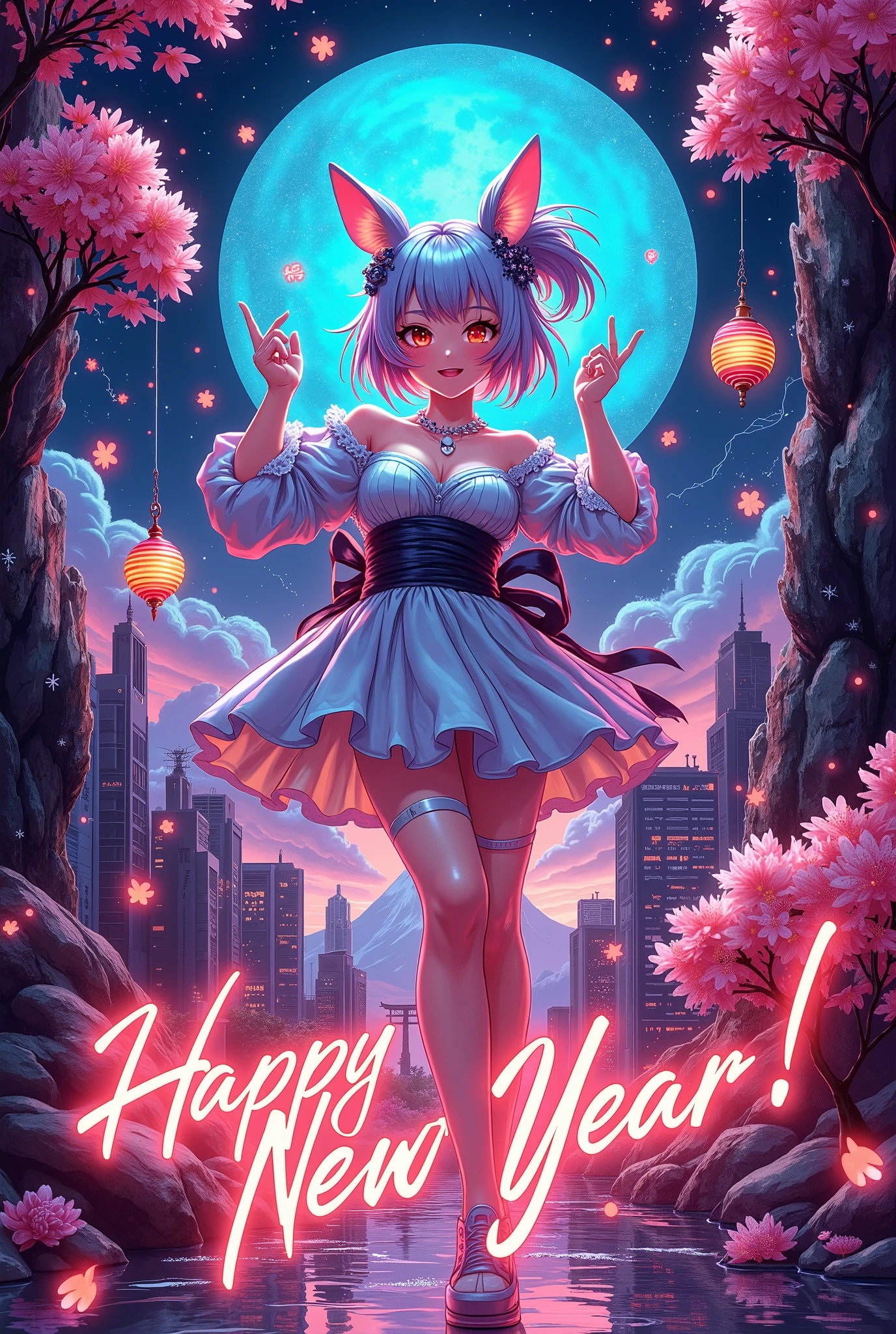 A new style like no other ,  draw with a glowing watercolor brush,  digital design poster using brilliance ,  expresses the glamor of the new year in detail ,  Let's make a poster full of smiles that combines cyberpunk and traditional Japanese beauty, ( sentence “2025 HappyNew Year” , “Love”, “&”, Insert “peace” ), glow line art