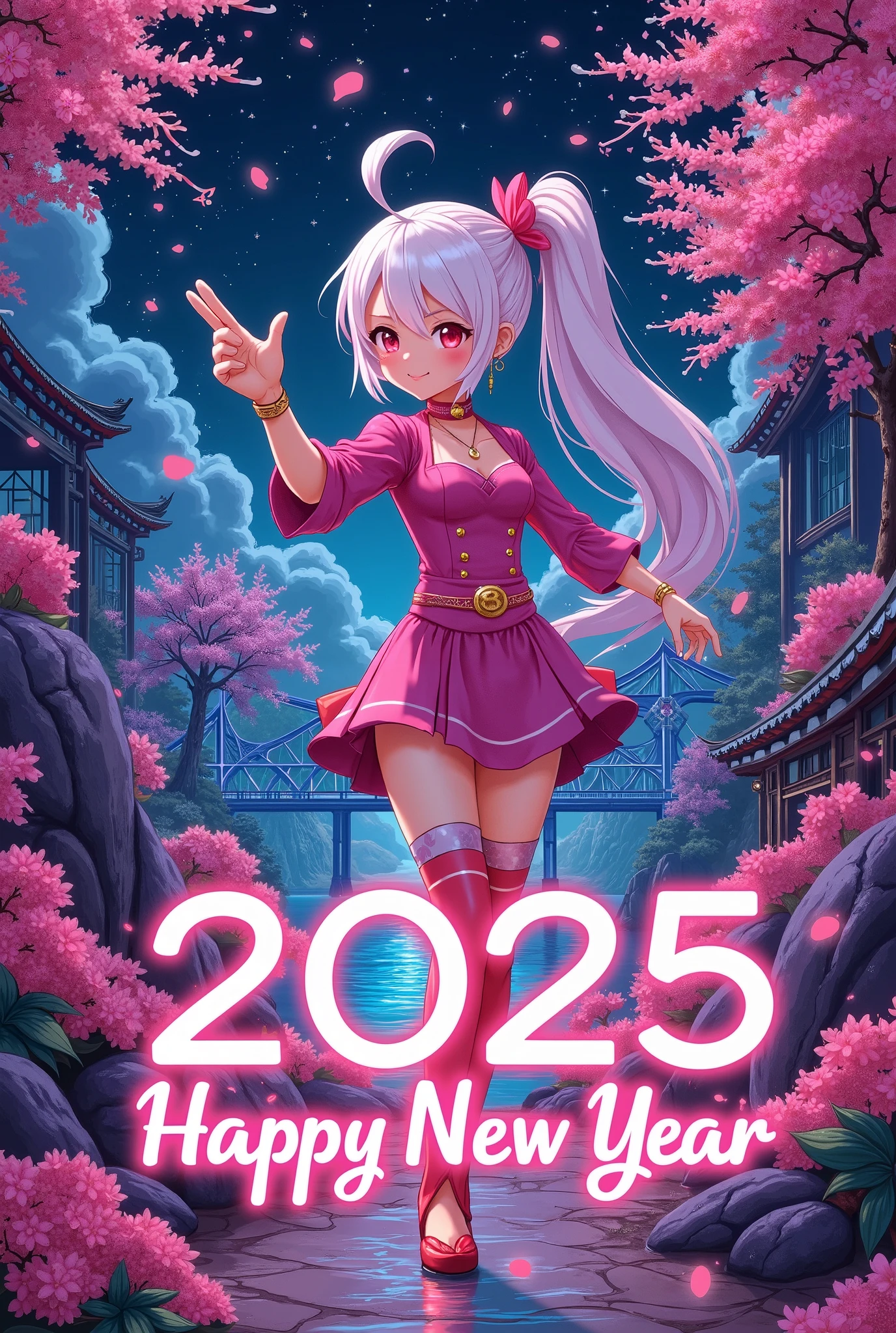 A new style like no other ,  draw with a glowing watercolor brush,  digital design poster using brilliance ,  expresses the glamor of the new year in detail ,  Let's make a poster full of smiles that combines cyberpunk and traditional Japanese beauty, ( sentence “2025 HappyNew Year” , “Love”, “&”, Insert “peace” ), glow line art