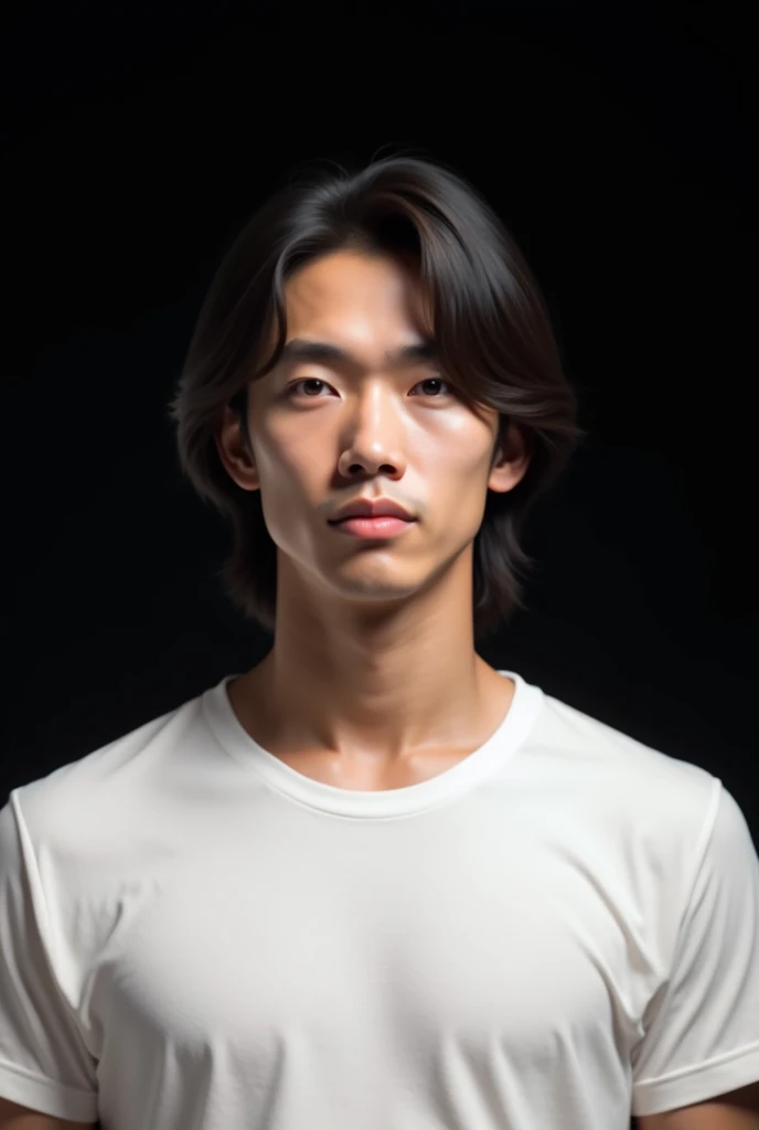 foto realistic, Indonesian man , shoulder-length hair , face staring ahead, wears white t-shirt , begron black plain ,ultra HD, haiper realistic ,extreme detail, super image quality ,16K