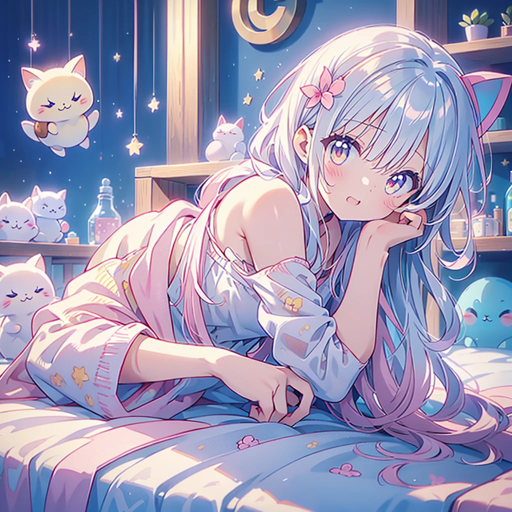 Girl in cat pajamas bathrobe pajamas with cat ears and tail