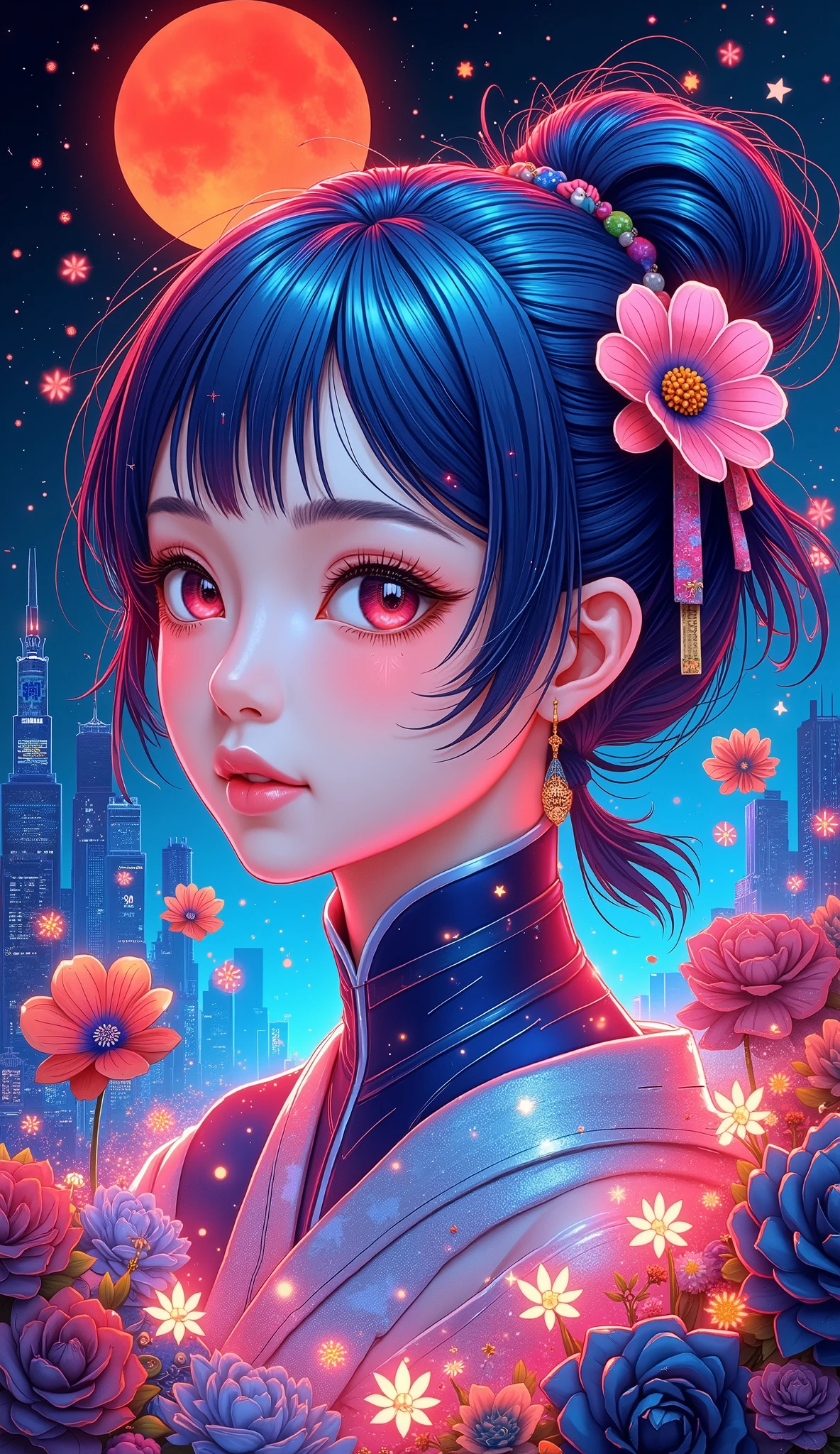 A new style like no other ,  draw with a glowing watercolor brush,  digital design poster using brilliance ,  expresses the glamor of the new year in detail ,  Let's make a poster full of smiles that combines cyberpunk and traditional Japanese beauty, (Article “2025”, “Love”, “&”, Insert “peace” ), glow line art