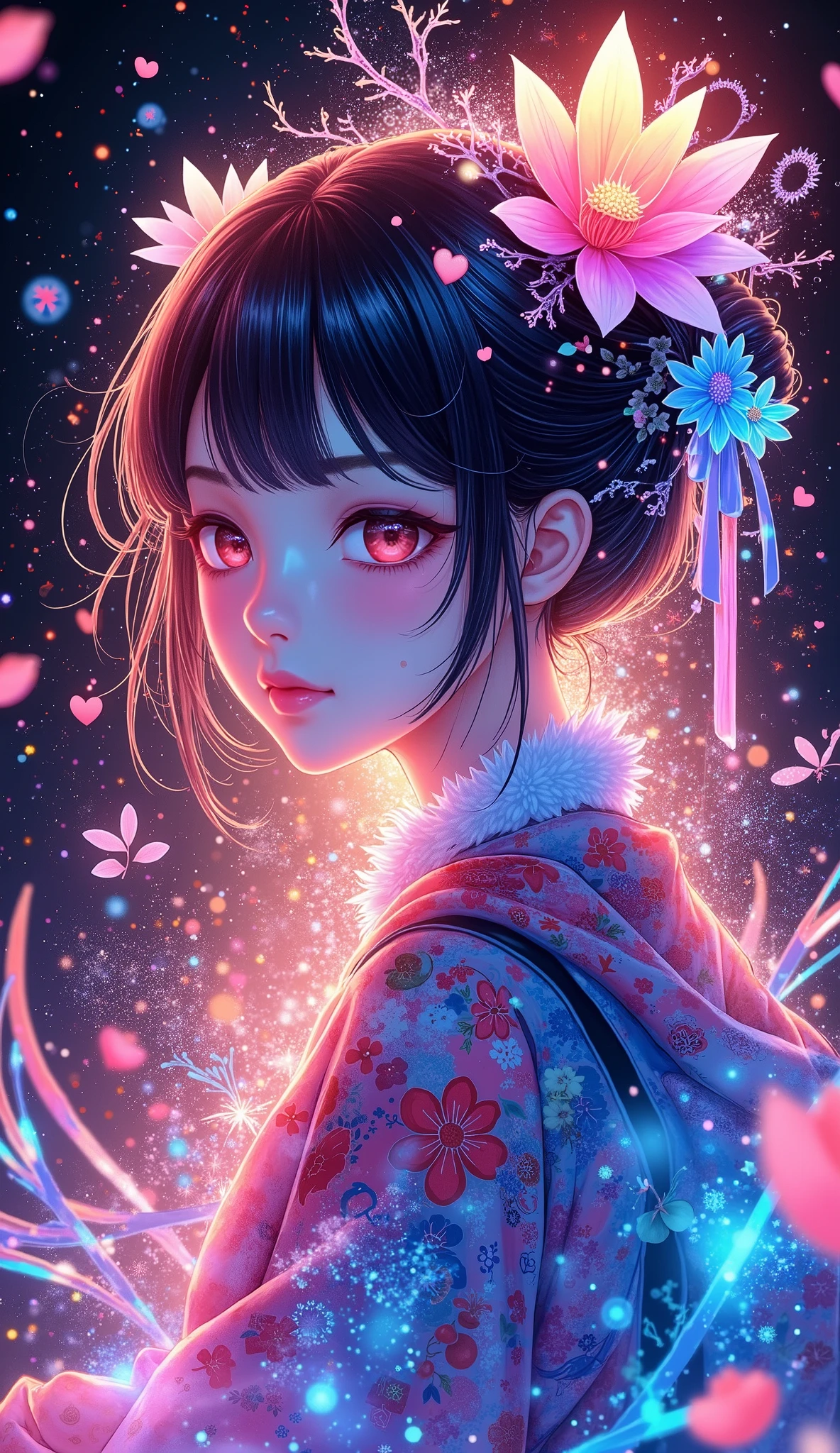 A new style like no other ,  draw with a glowing watercolor brush,  digital design poster using brilliance ,  expresses the glamor of the new year in detail ,  Let's make a poster full of smiles that combines cyberpunk and traditional Japanese beauty, (Article “2025”, “Love”, “&”, Insert “peace” ), glow line art