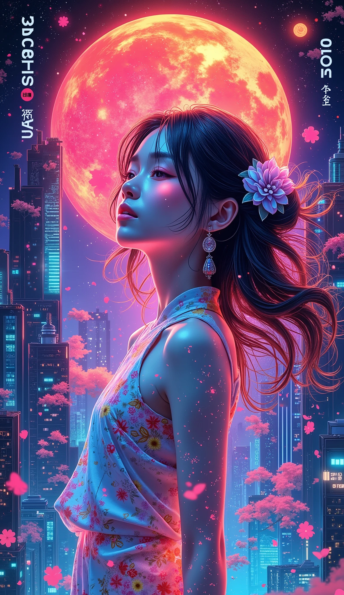 A new style like no other ,  draw with a glowing watercolor brush,  digital design poster using brilliance ,  expresses the glamor of the new year in detail ,  Let's make a poster full of smiles that combines cyberpunk and traditional Japanese beauty, (Article “2025”, “Love”, “&”, Insert “peace” ), glow line art